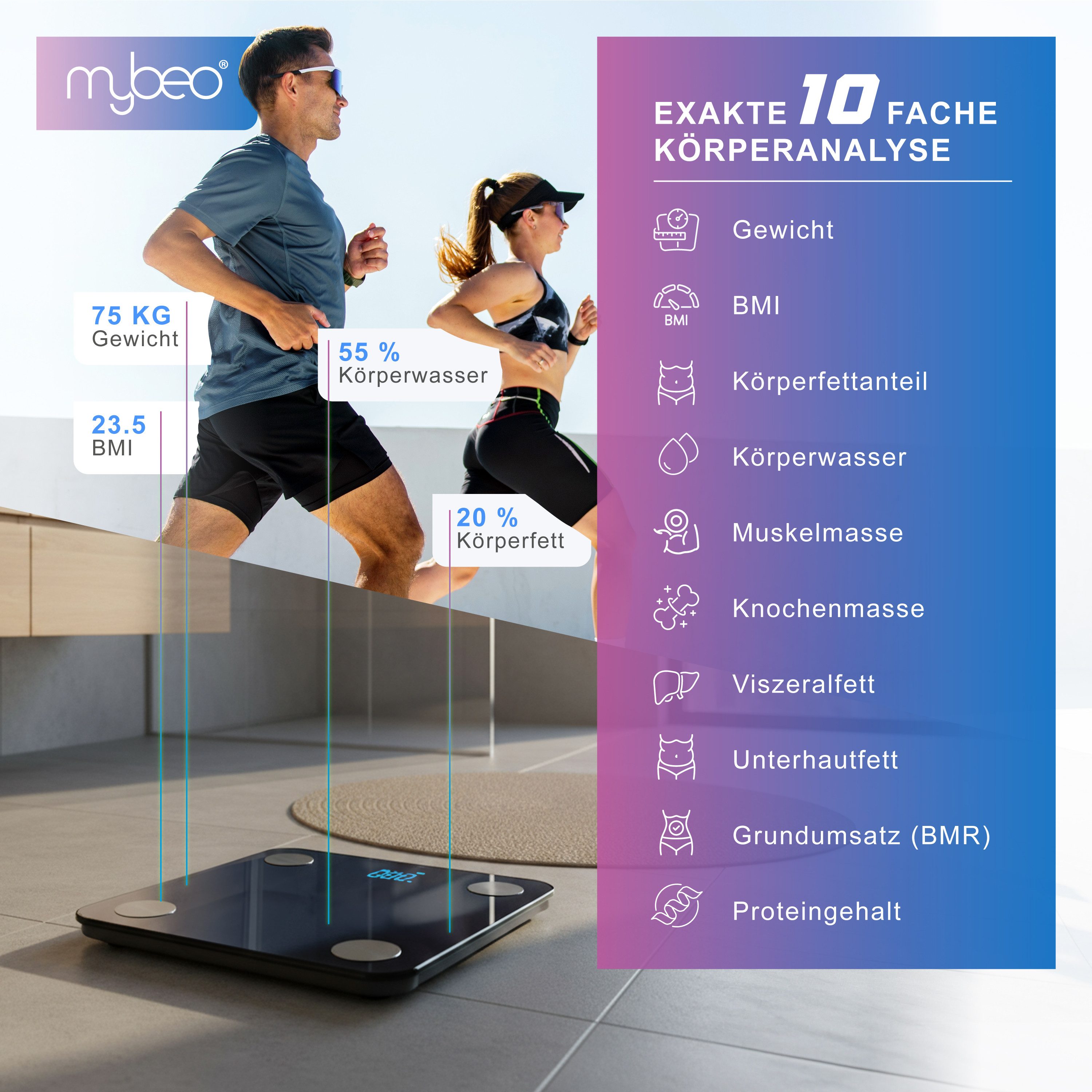 MyBeo Körper-Analyse-Waage Digitale Bluetooth Körperfettwaage, Diagnosewaage mit App-Steuerung, 1-tlg., Multifunktionswaage, BMI, Körperfett, Wasser & Muskelanteil, 5-180 kg