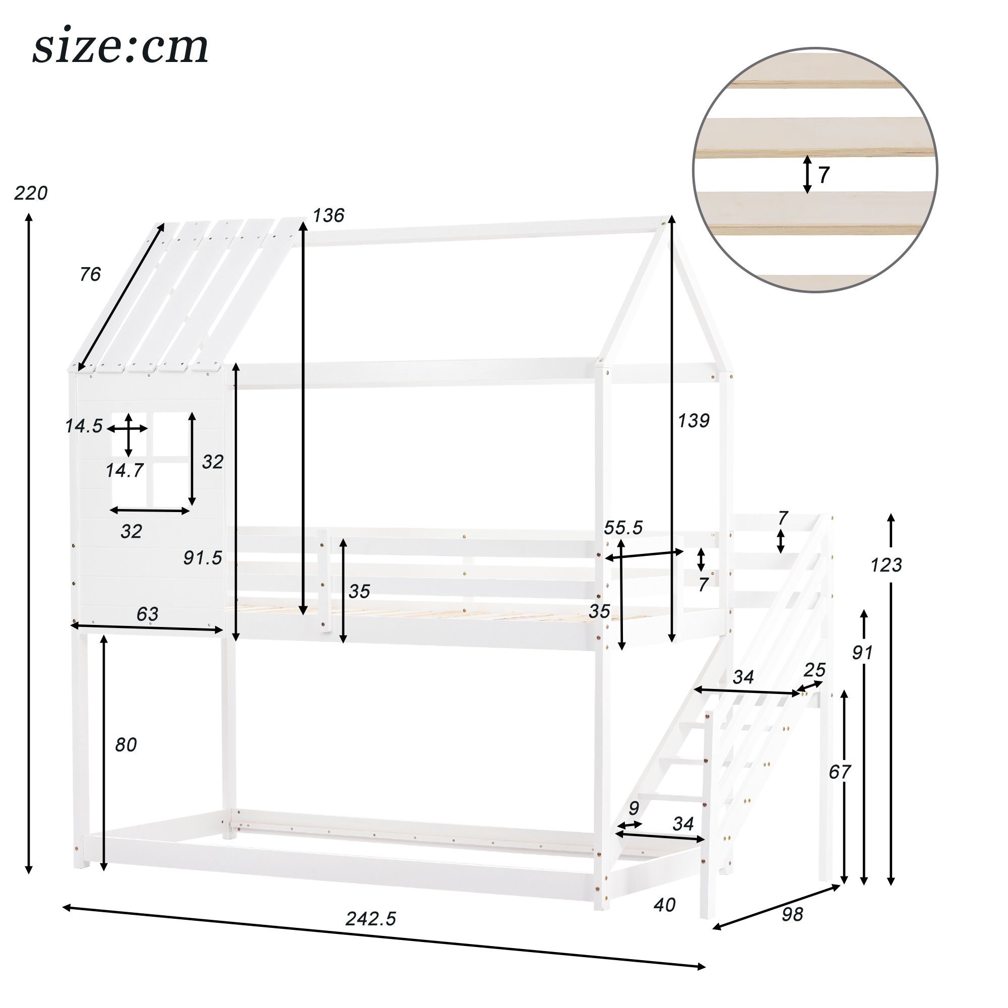 Etagenbett (Hochbett Hausbett Spielbett mit Treppe, Fallschutz und Lattenrost), Kinderbett Stockbett 90x200 cm, Kiefer, Ohne Matratze, Weiß