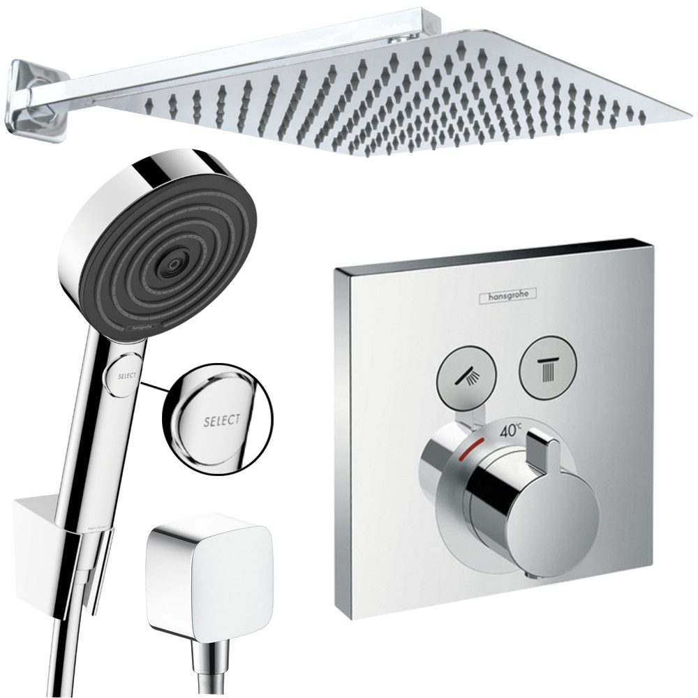 Hansgrohe und Jowi Duscharmatur ShowerSelect Thermostat, Unterputz Duschsystem mit Kopfbrause, Pulsify (Unterputz-Duschsystem) Thermostat und Handbrause mit Select-Taste, Edelstahl Kopfbrause