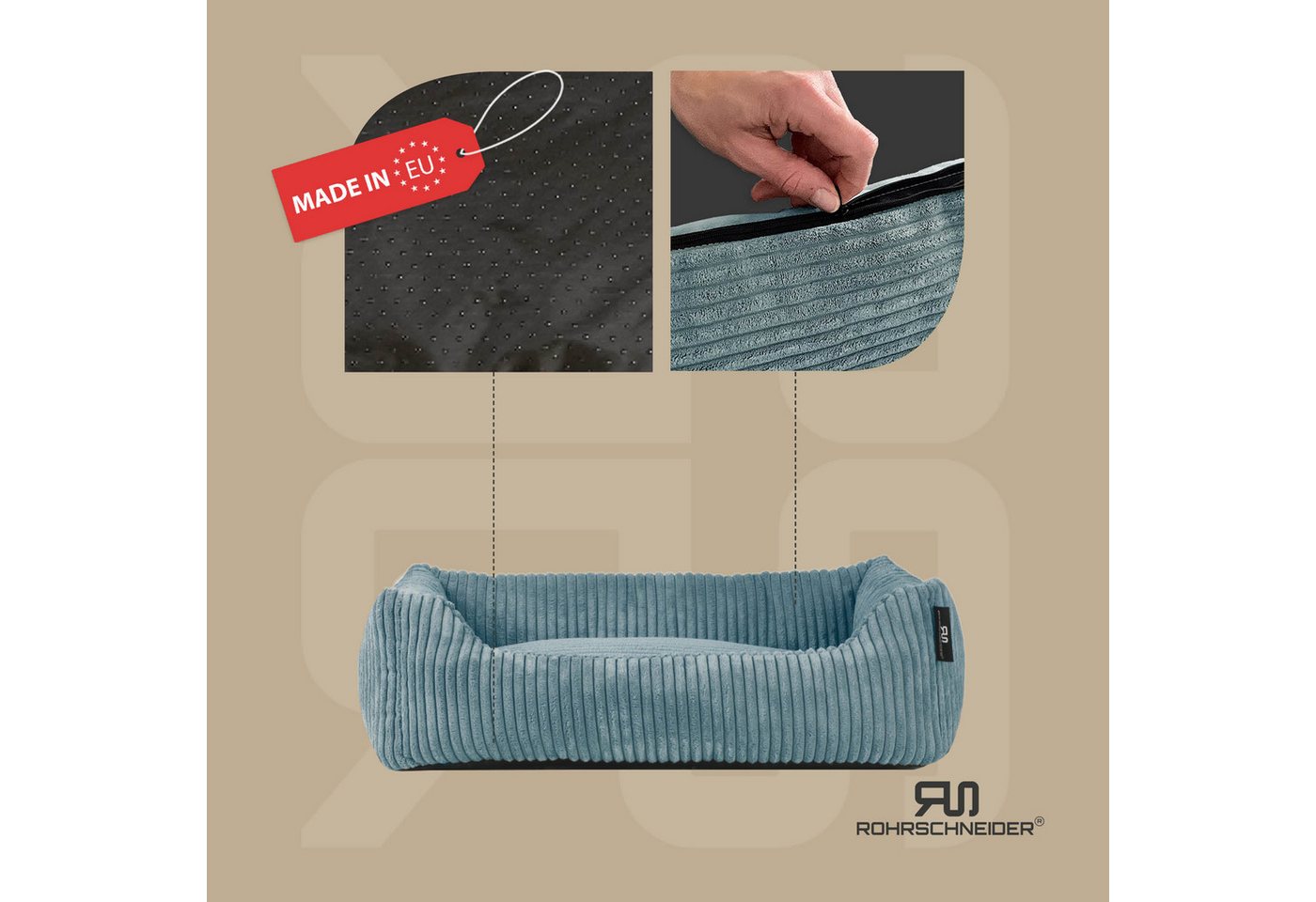 Thumbnail - Rohrschneider Tierbett Hundebett Cord für kleine Hunde mit waschbarem Bezug inkl. Futternapf, antiruschbeschichtete Unte...