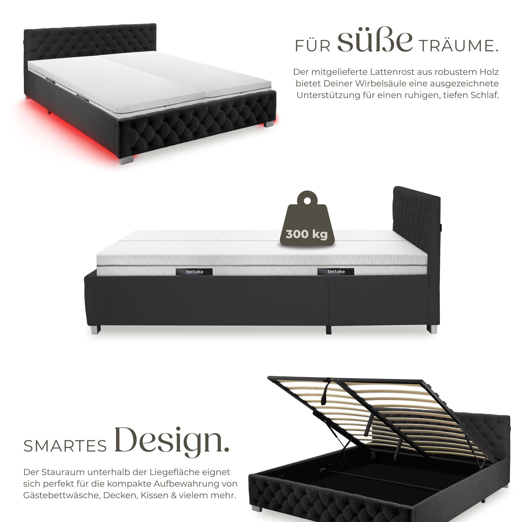 tectake Polsterbett Komfortbett mit LED-Leisten & Stauraum - Samtoptik mit Steppmuster (Bettset mit Matratze, in Samtoptik Schwarz), Matratze mit Komfortschaumk – Bild 5 von 5