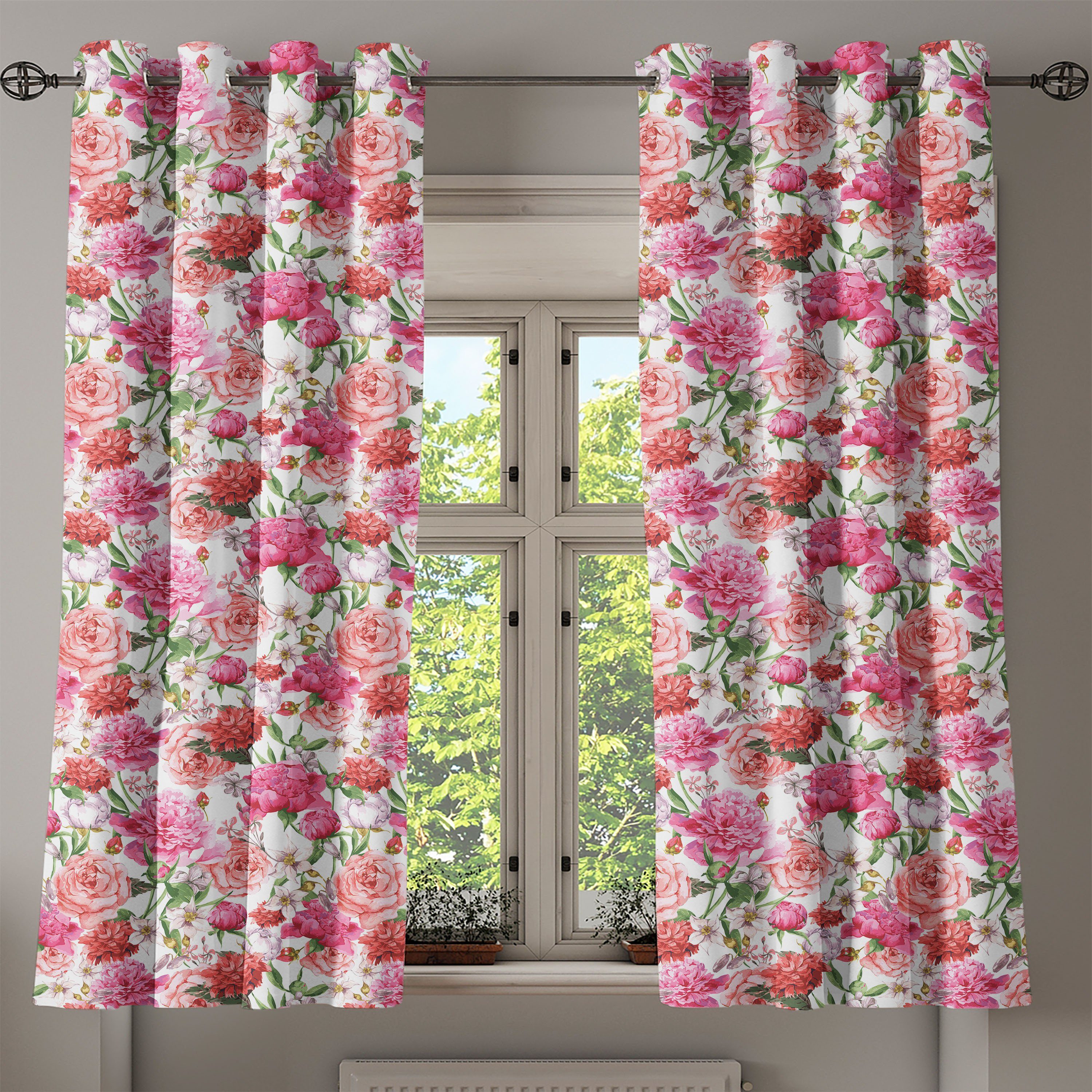 Gardine Dekorative 2-Panel-Fenstervorhänge für Wohnzimmer, Schlafzimmer Blumen Pfingstrosen Rosen und Abakuhaus