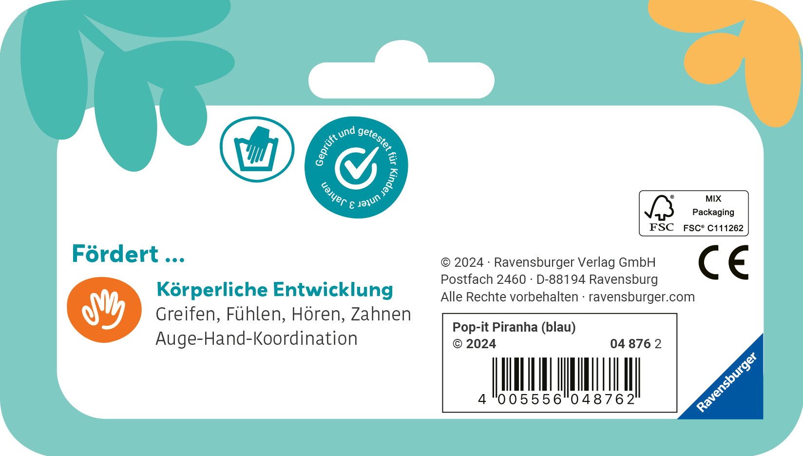 Ravensburger Greifspielzeug Babywelt Beißring Play+ Pop-it Piranha blau 04876