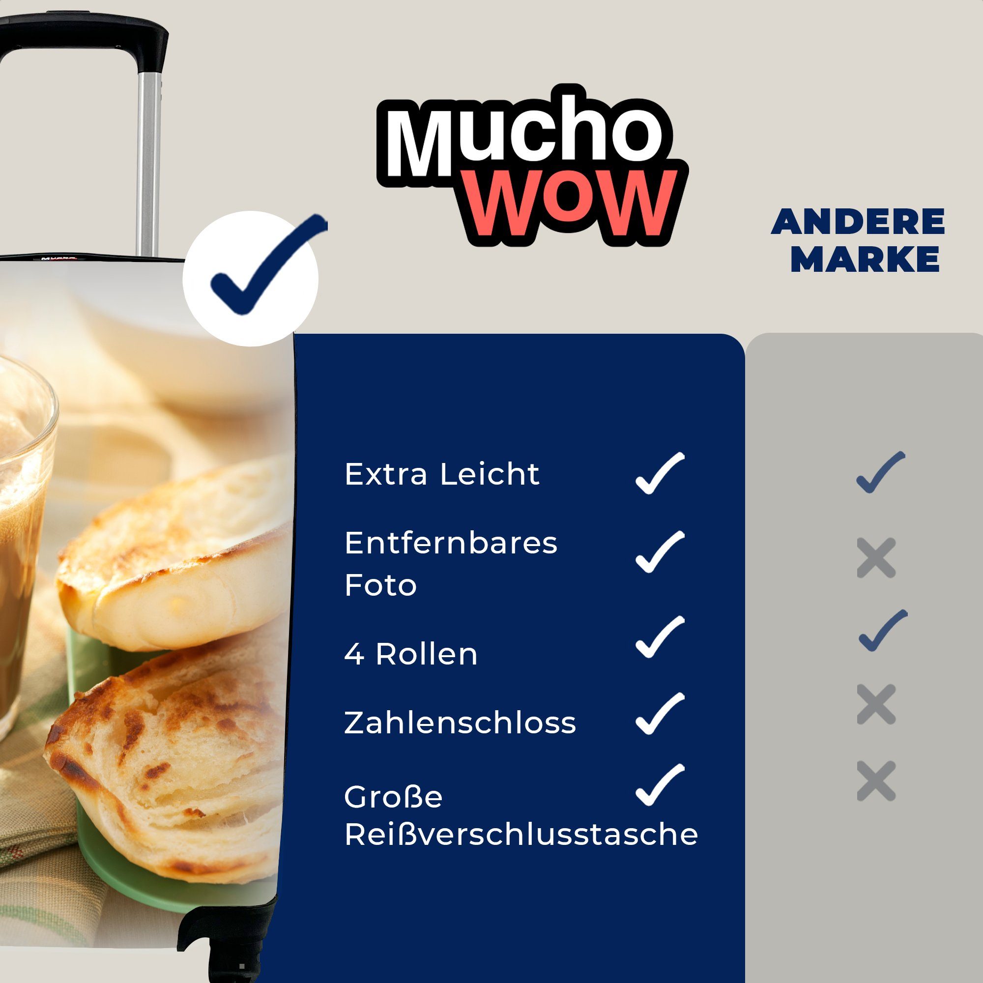 Handgepäck Brot, Butter für mit Handgepäckkoffer rollen, Ferien, MuchoWow Macchiato mit Reisetasche Trolley, 4 Latte Rollen, und Reisekoffer