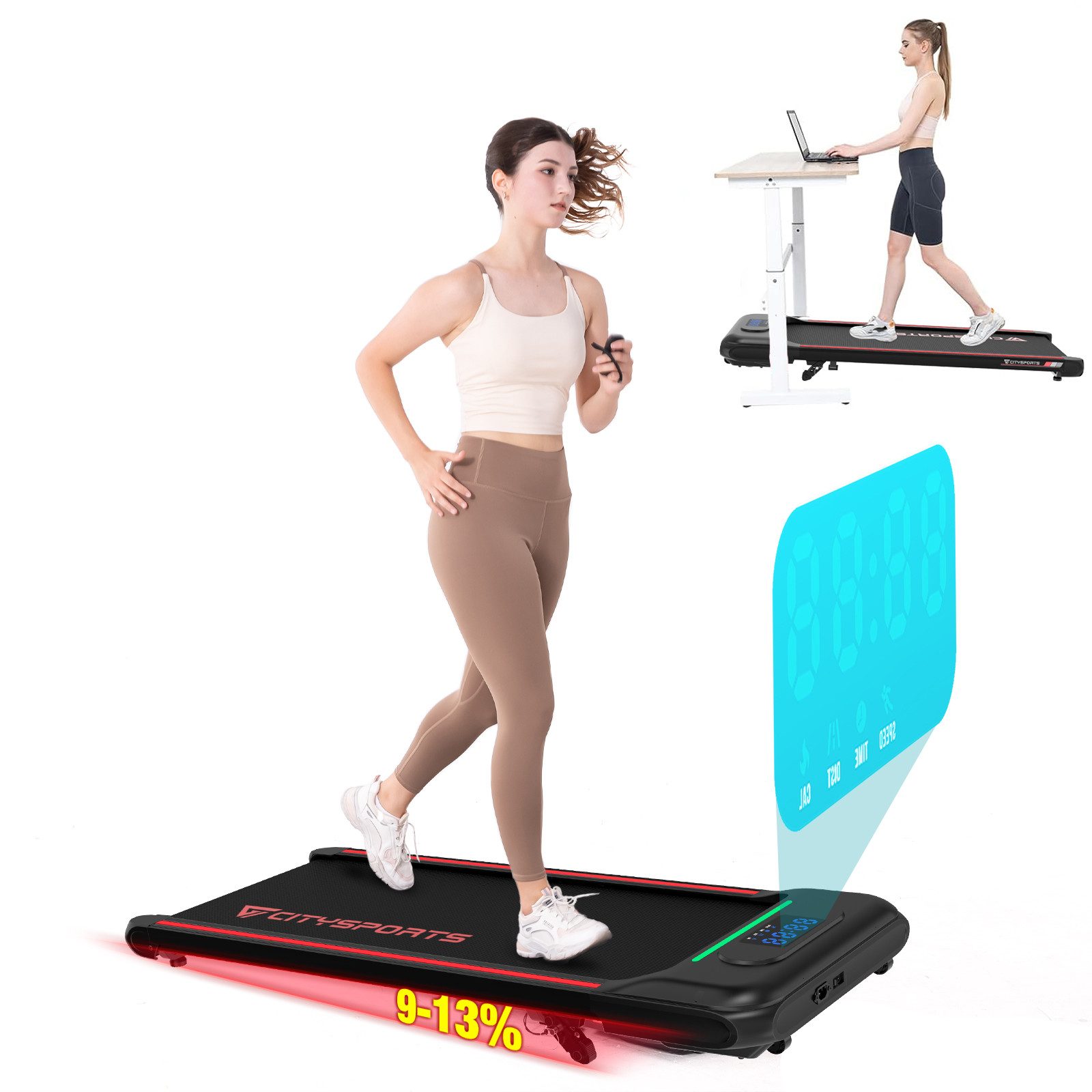 CITYSPORTS Laufband WP8 Walking/Jogging Pad 440W motor mit Steigung 13% MAX (Toolkits, Schmiermittel), Laufbander für Zuhause 1-6km/h mit LED light