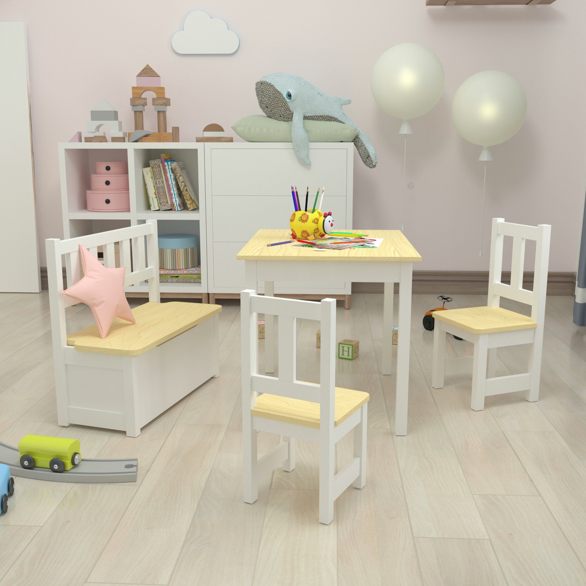 en.casa Kindertisch, »Lousame« Kindertischset mit aufklappbarer Sitzbank  und 2 Stühlen Sitzgruppe Kiefernholz Natur / Weiß