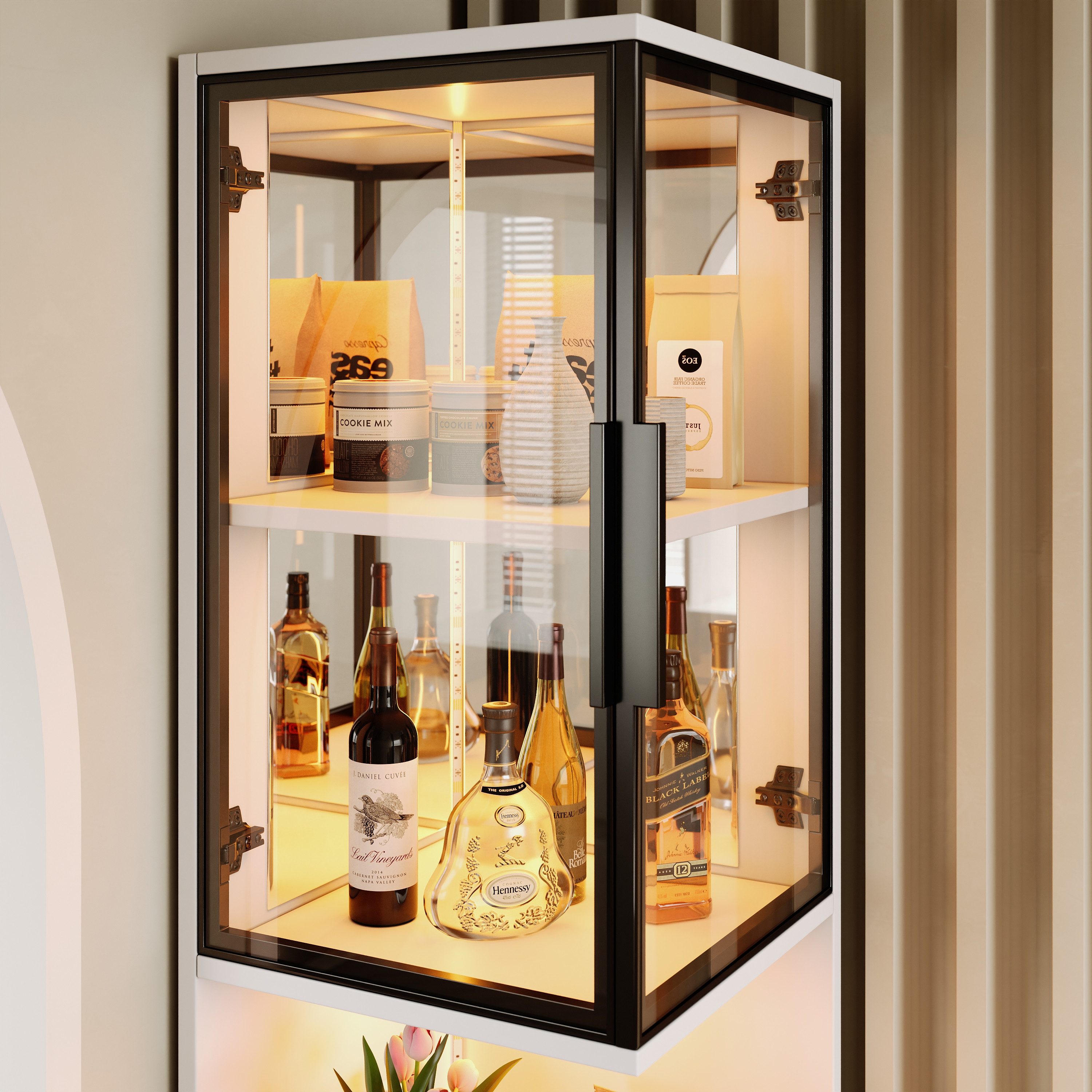 Merax Glasvitrine mit LED-Leuchten, (1-St., Mehrfarbige Beleuchtung, Doppeltüren) Spiegelrückwand, Vitrinenschrank für Wohnzimmer, Schlafzimmer