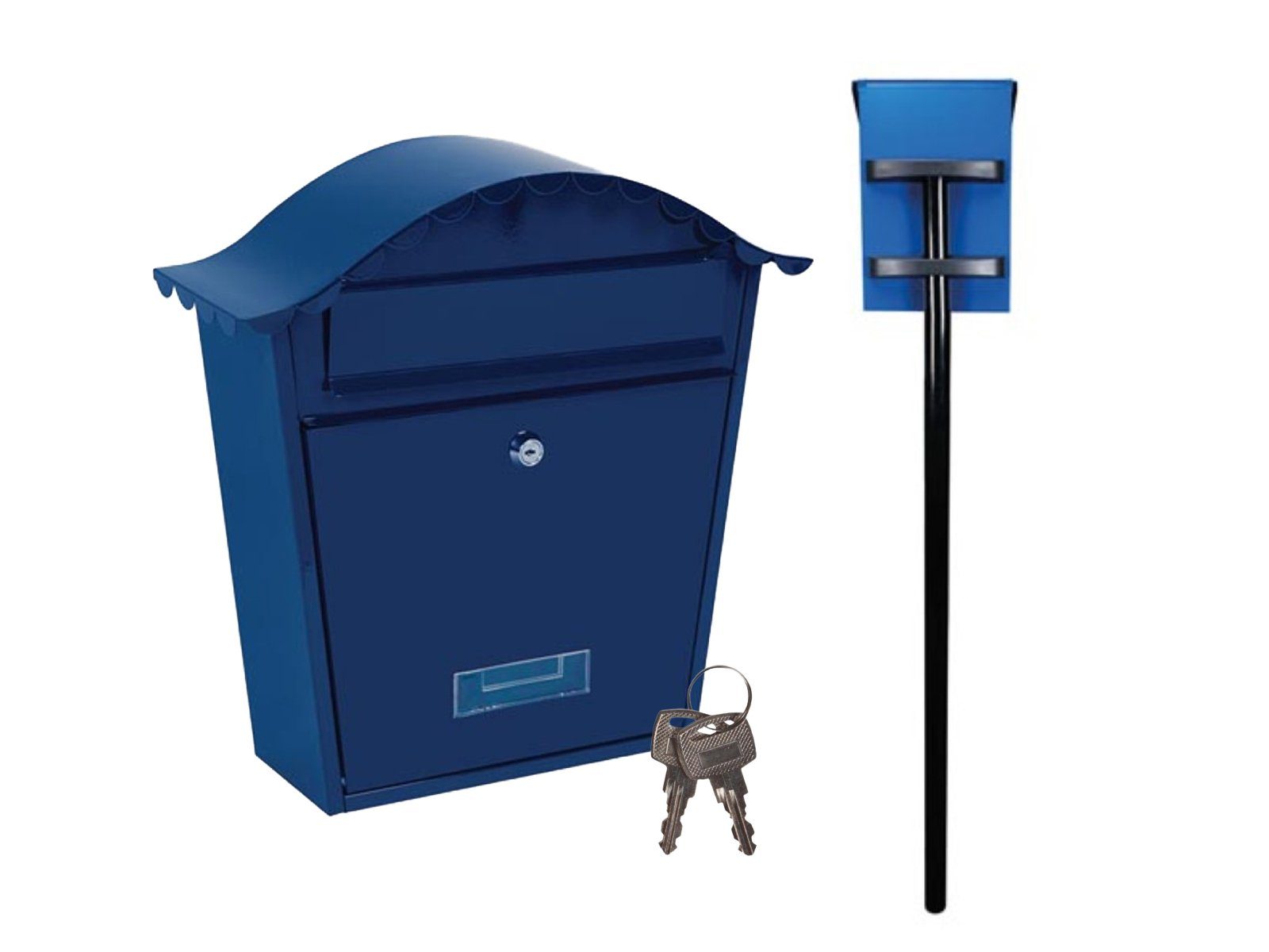 PEREL Briefkasten, mit Standfuß für Postkasten in Nostalgie Blau Schloß und 2 Schlüsseln