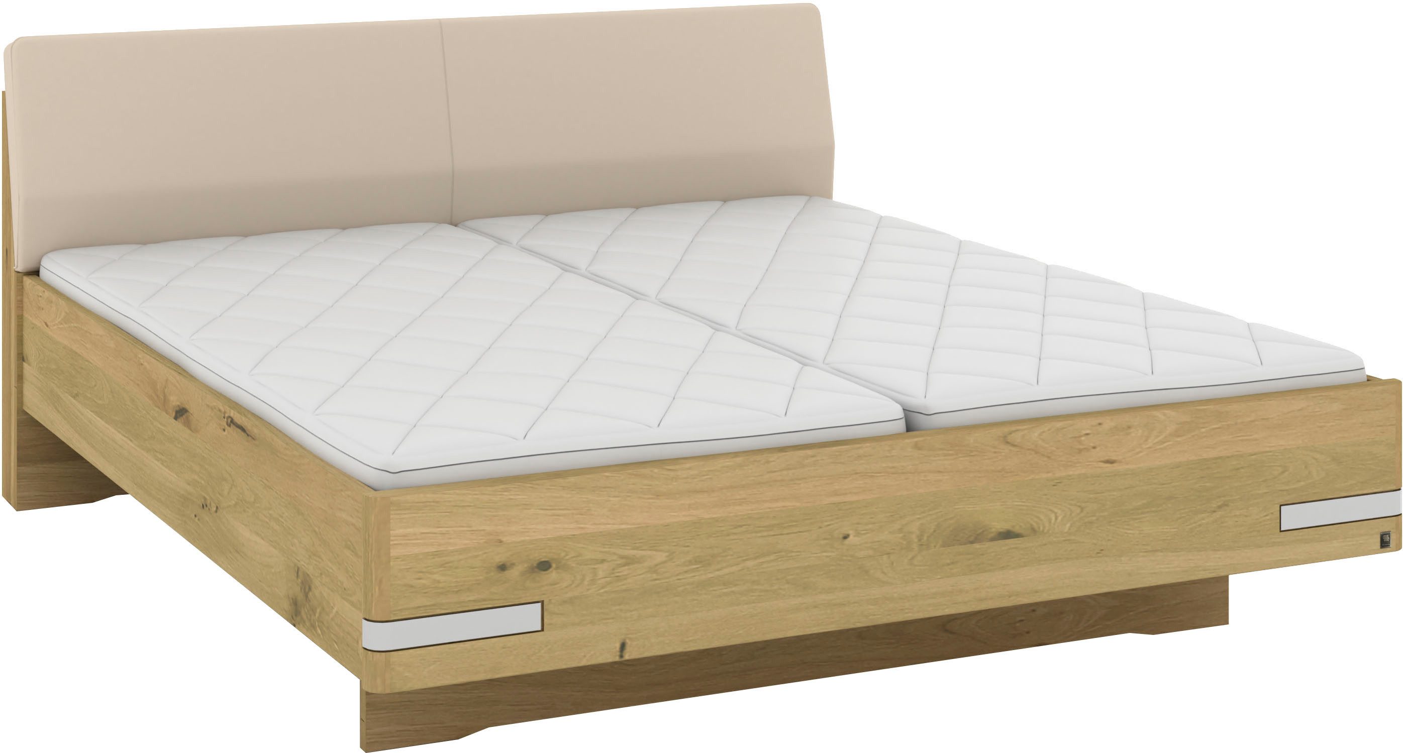 Musterring Holzbett Savona, Bettgestell, Bettrahmen, teilmassiv Bianco-Eiche (Belastbarkeit 220 Kg, 4-fache Liegehöhenverstellung, MADE IN GERMANY), Kopfteil Kunstleder Champagner, Details in Chrom, verschiedene Größen