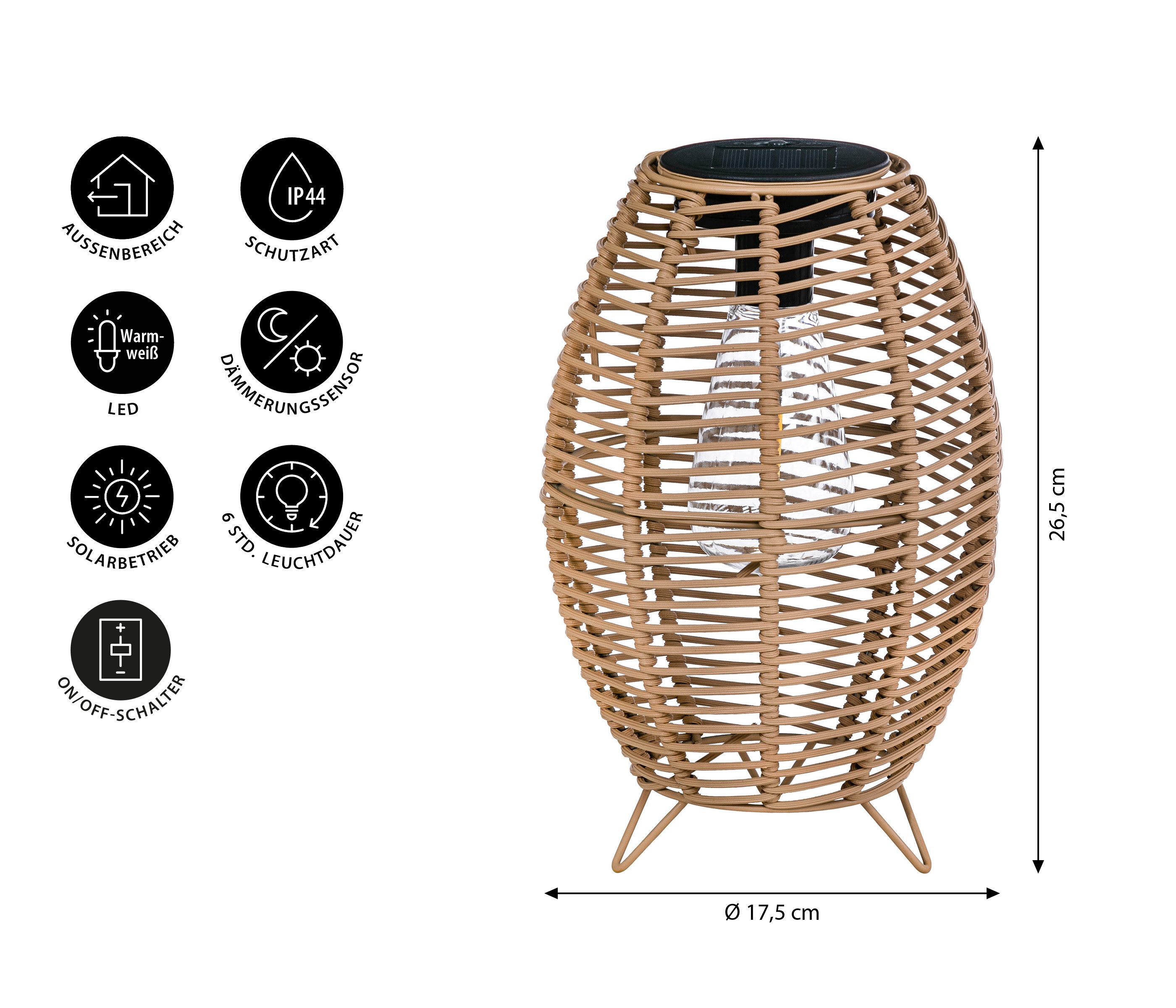 Dehner LED Solarleuchte Solar-Laterne Mila, Lichtfarbe warmweiß, Ø 17.5 cm, Höhe 26.5 cm, Warmweiß, Outdoor Leuchte mit Leuchtdauer bis zu 6 h