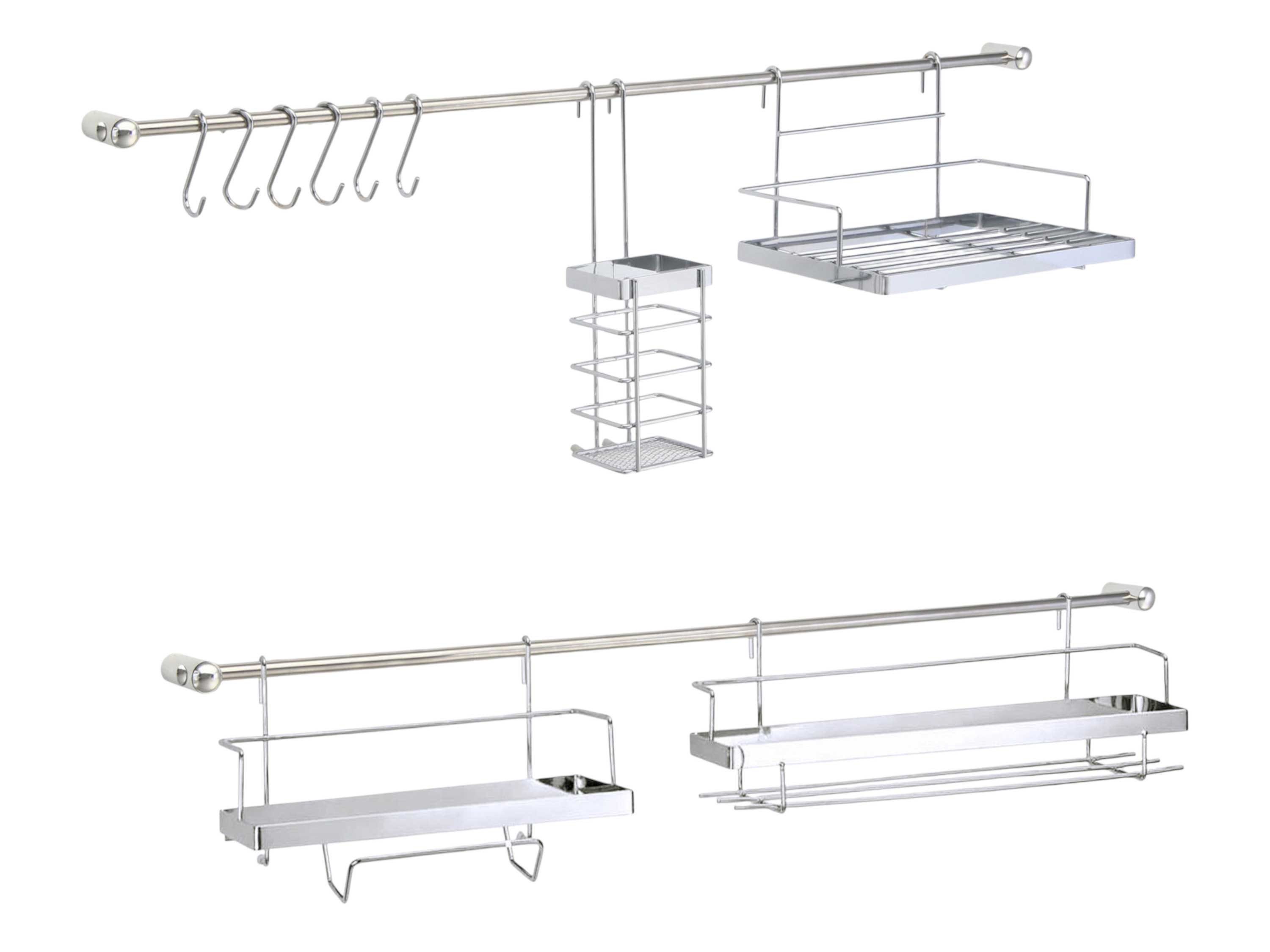 Harms Import Küchenorganizer-Set, (Set, 16-tlg., 2 Regale, Rollenhalter, Besteckhalte, Haken, 2 Stangen), Küchenleisten Set verchromt 16-tlg.