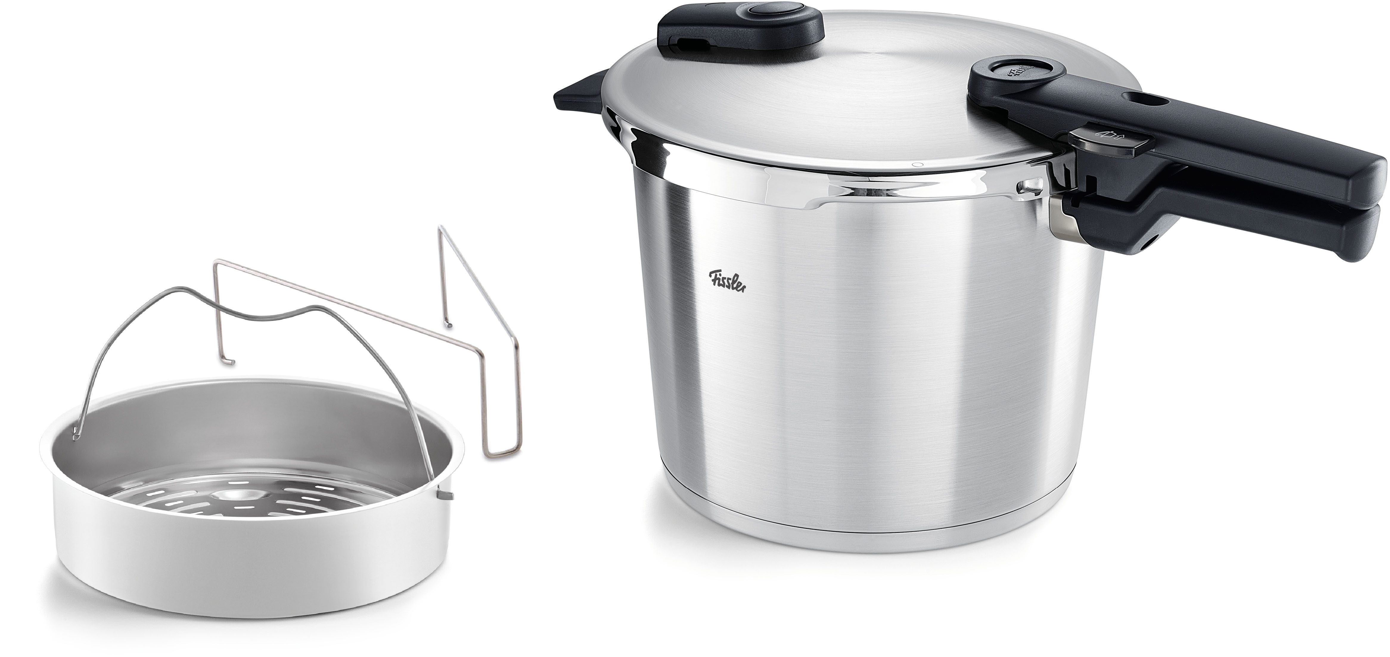Fissler Schnellkochtopf Vitaquick® Premium, Edelstahl 18/10 (3-tlg., 1 Schnellkochtopf 6,0 L, 1 Metalldeckel, 1 Dünsteinsatz), Made in Germany, mit gelochtem Einsatz