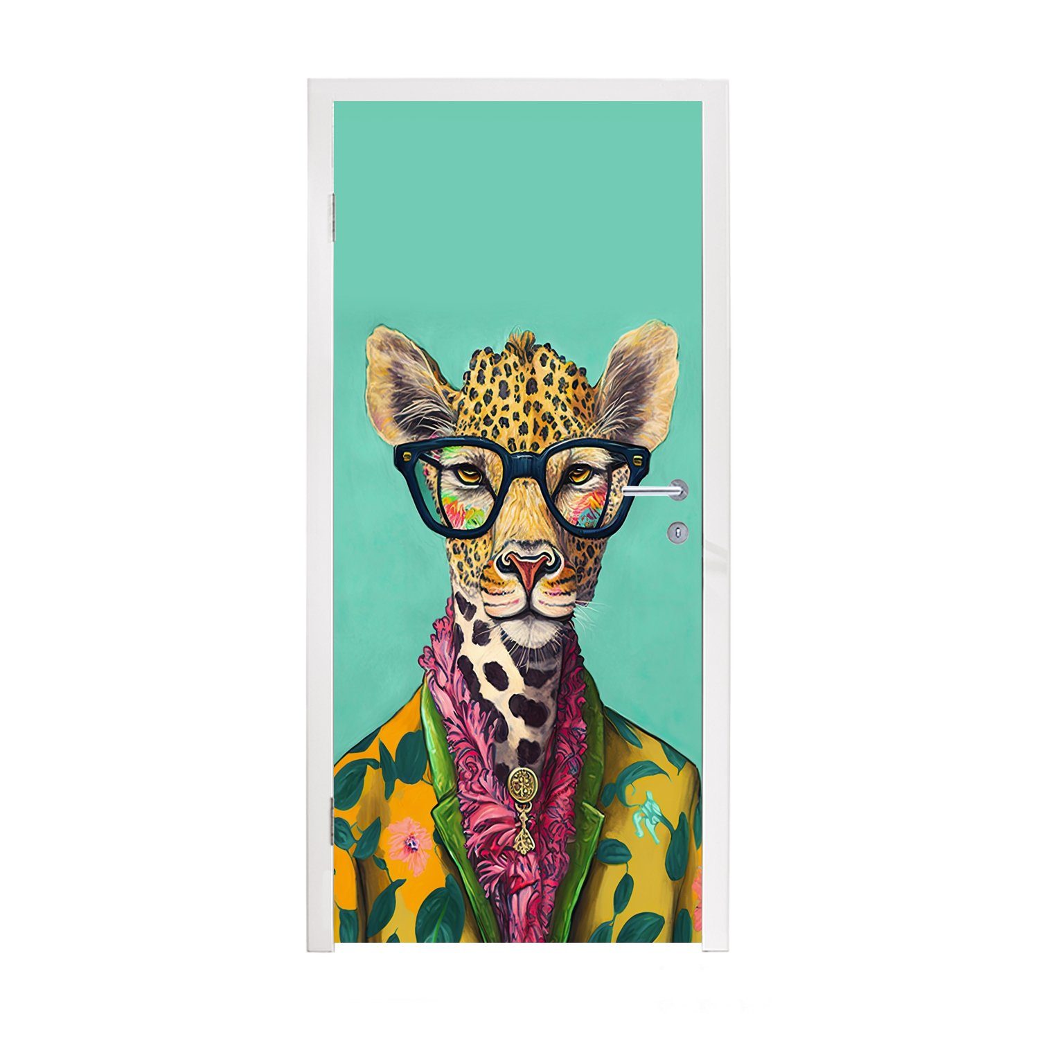 MuchoWow Türtapete Blätter - Brille - Giraffe - Tiere - Design, Matt, bedruckt, (1 St), Fototapete für Tür, Türaufkleber, 75x205 cm