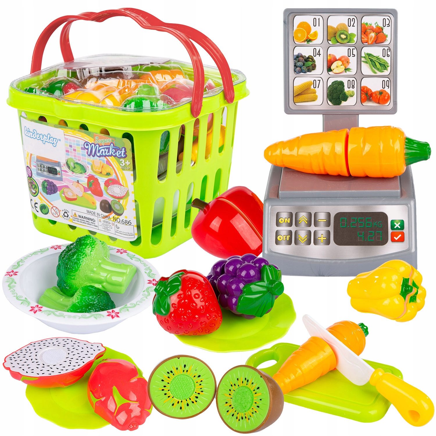 kinderplay Kaufladen Kinder Einkaufskorb Set – Lernspielzeug mit Obst – Spielküche – 15 Tei (Set, Einkaufskorb mit 15 Teilen)