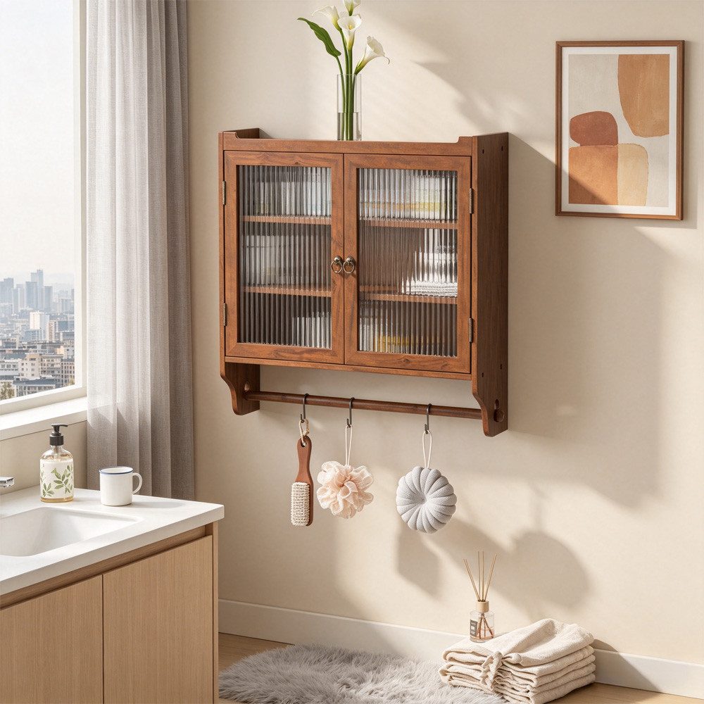 MODFU Hängeschrank Zweitüriger Wandschrank 70 cm,Stauraumschrank Hängevitrine (Vintage Glas-Wandregal mit Doppelglastüren und 3 Regalen – Wandmontage für Badezimmer, Küche, Esszimmer – Praktischer Handtuchhalter und Stauraum in Naturholzoptik) Gewichtskapazität: 5 kg pro Regal