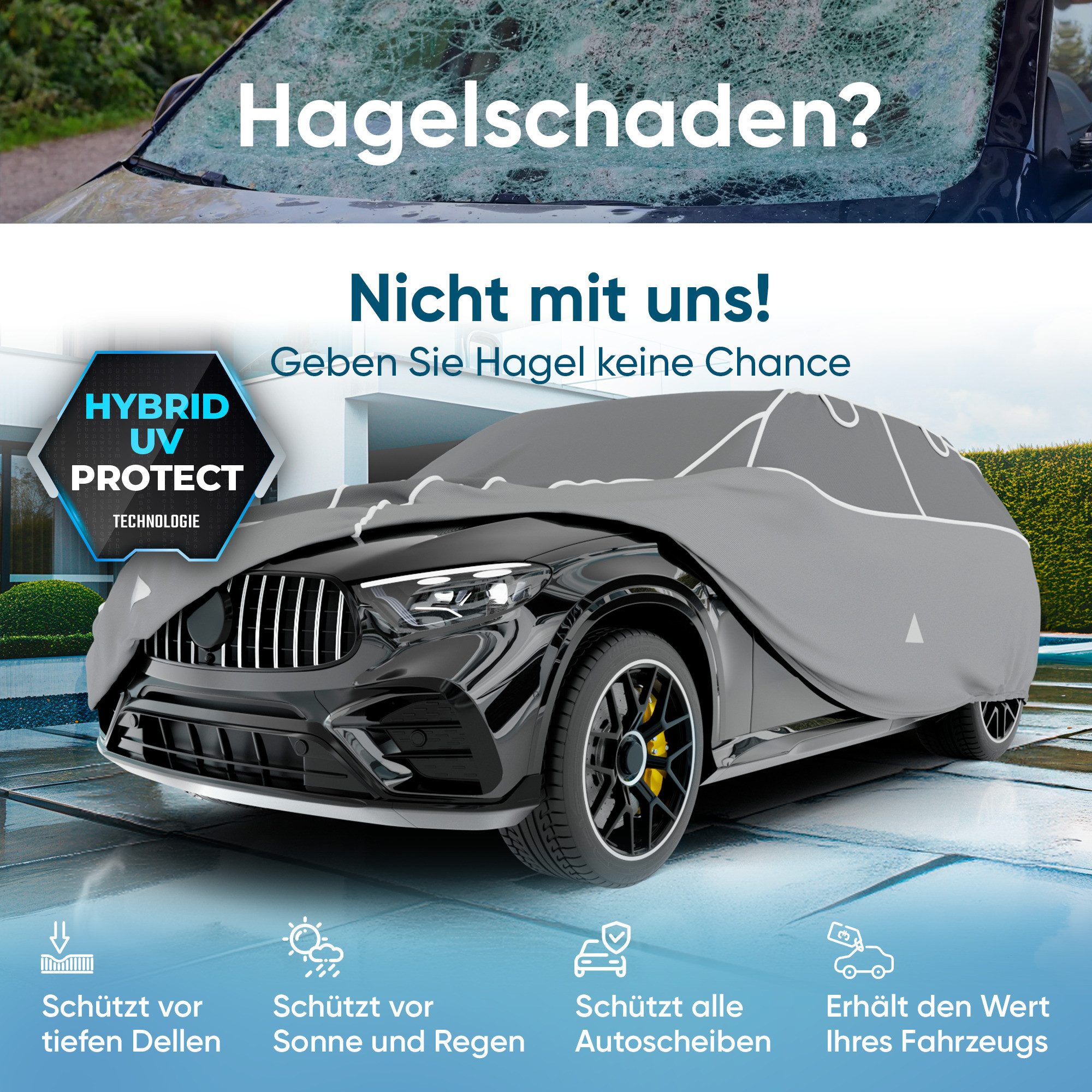 WALSER Autoplane Hagelschutz Hybrid UV Protect (1-St., 1 Hagelschutzplane, 3 Spanngurte)