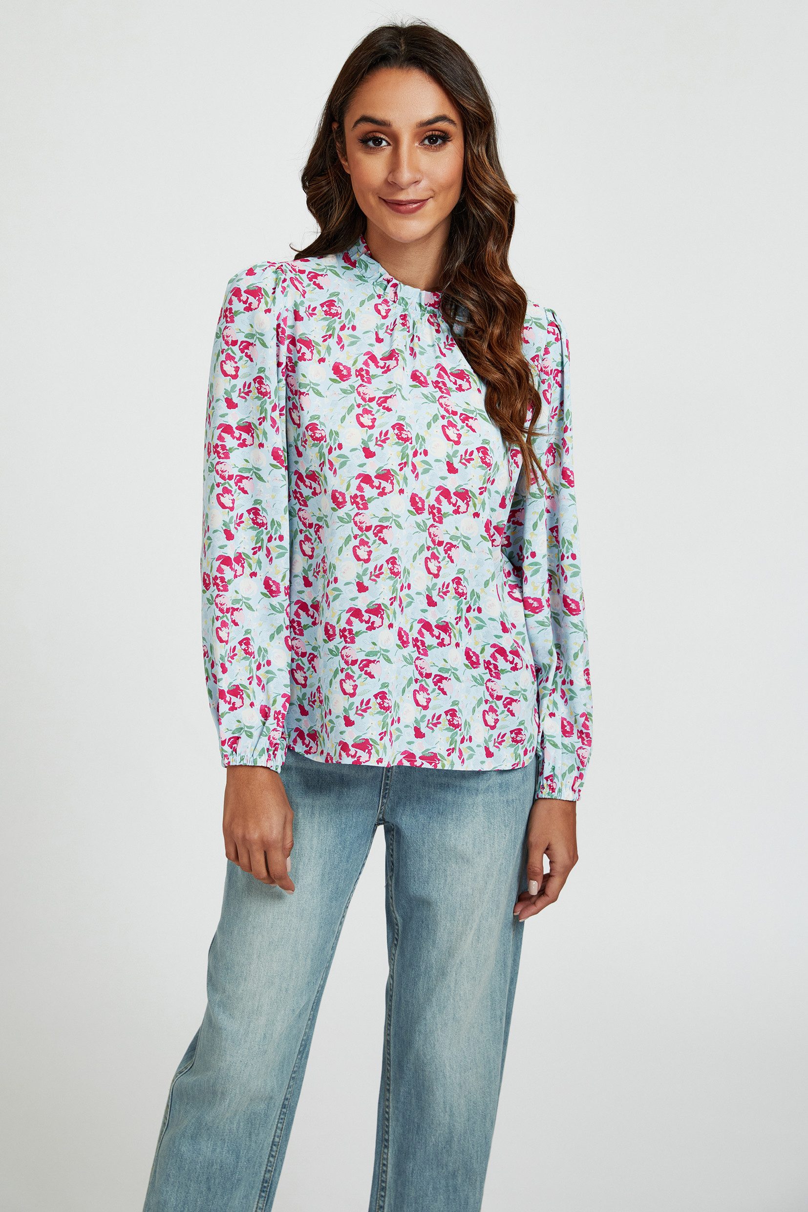FS Collection Langarmbluse Damen Bluse hochgeschlossenes Oberteil mit Rüschendetail & Blumendruck (XS (UK 8 / EU 36) S (UK 10 / EU 38) M (UK 12 / EU 40) L (UK 14 / EU 42) XL (UK 16 / EU 44, 7 Farben) Leicht, Glatt, Formbeständig und angenehm zu tragen