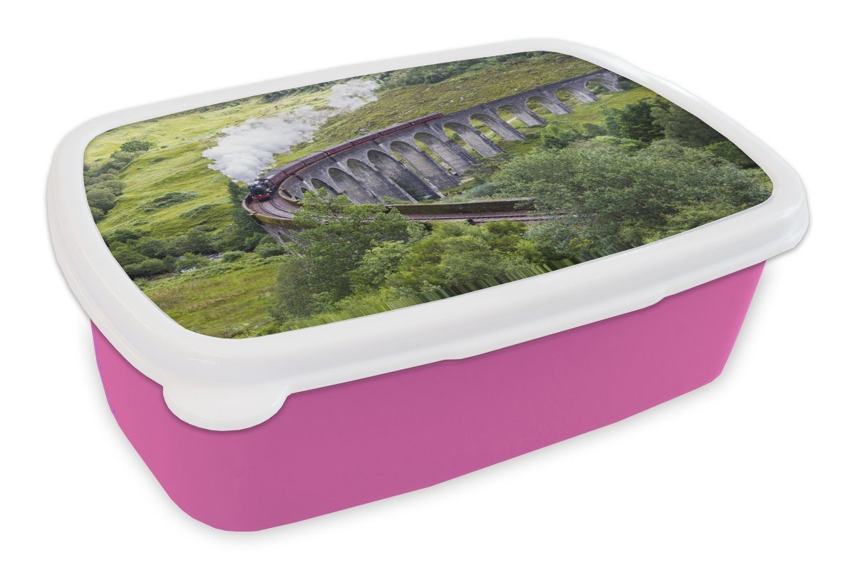 MuchoWow Lunchbox Eine Dampflokomotive auf einer Eisenbahnbrücke, Kunststoff, (2-tlg), Brotbox für Erwachsene, Brotdose Kinder, Snackbox, Mädchen, Kunststoff rosa