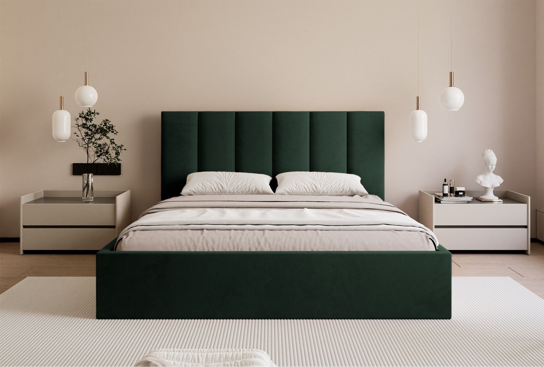 Selsey Polsterbett MASEGO, Gepolstertes Doppelbett mit Samtbezug, Betthaupt und Bettkasten