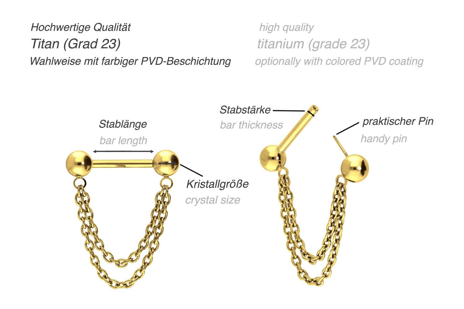 PIERCINGLINE Brustwarzenpiercing Titan Barbell mit Push Fit 2 KETTEN (Barbells, 1-tlg)