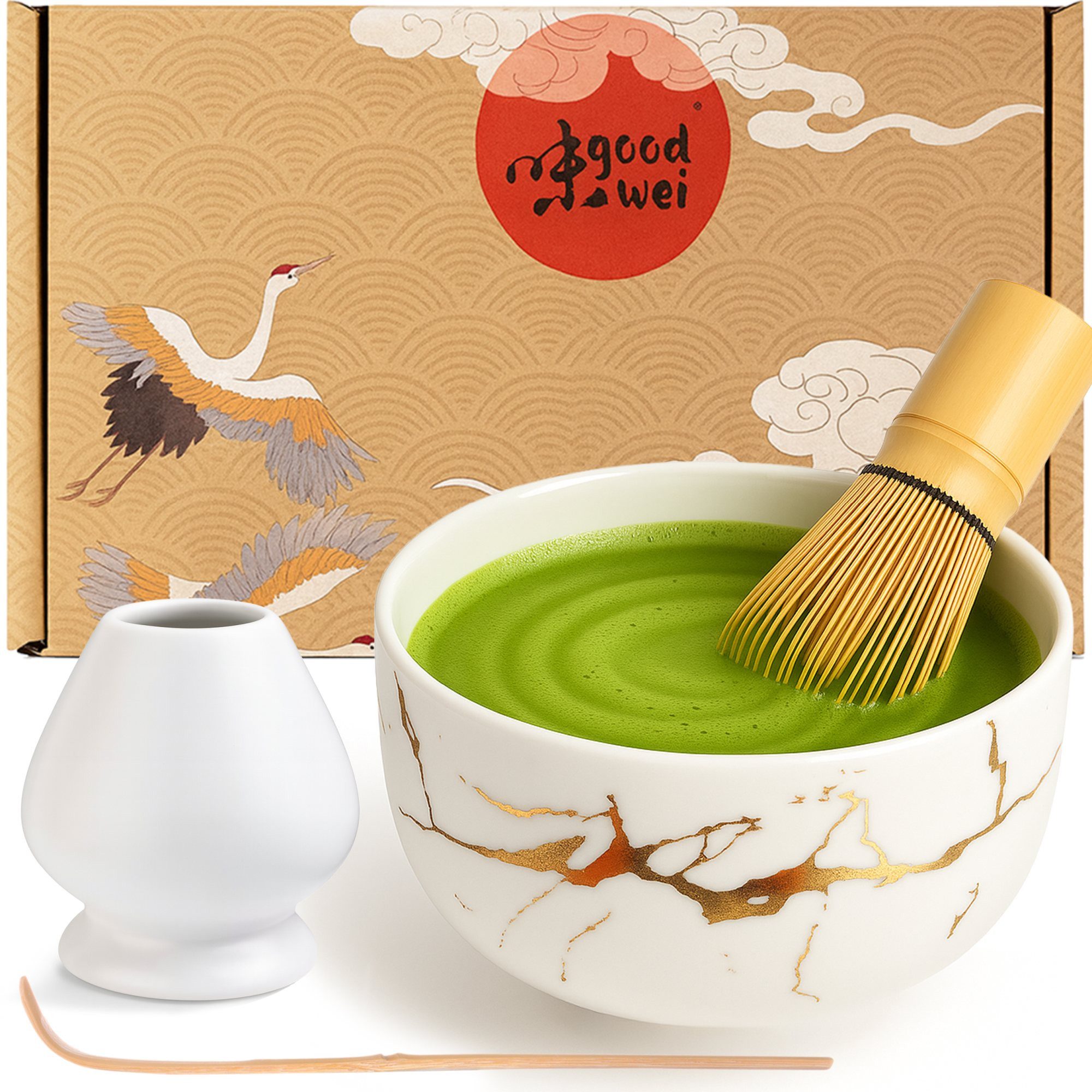 Goodwei Teeservice Matcha-Set "White Marmor" 80 mit Chasentate (4-tlg), 1 Personen, Keramik, handgearbeitet