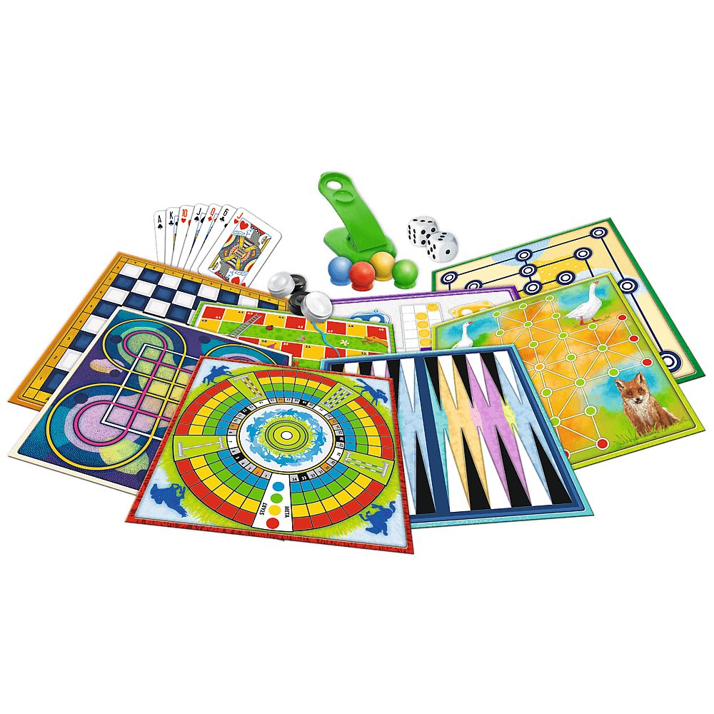 Trefl Spielesammlung Familienspiele Gesellschaftsspiele Spieleklassiker, 50 Spiele, 50 Spiele, 8 Spielfelder, 4 Katapulte, ab 5 Jahren