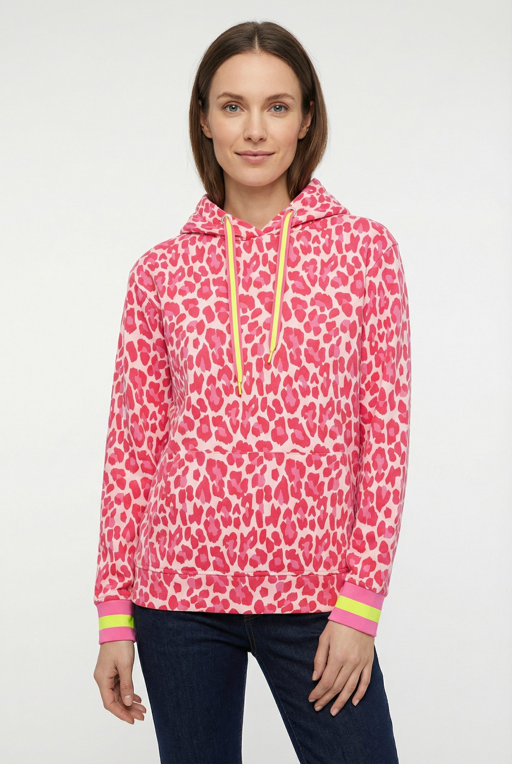 Zwillingsherz Hoodie "Leo Allover Neon Kante" mit Animal-Design und kontrastfarbigen Ärmelbündchen