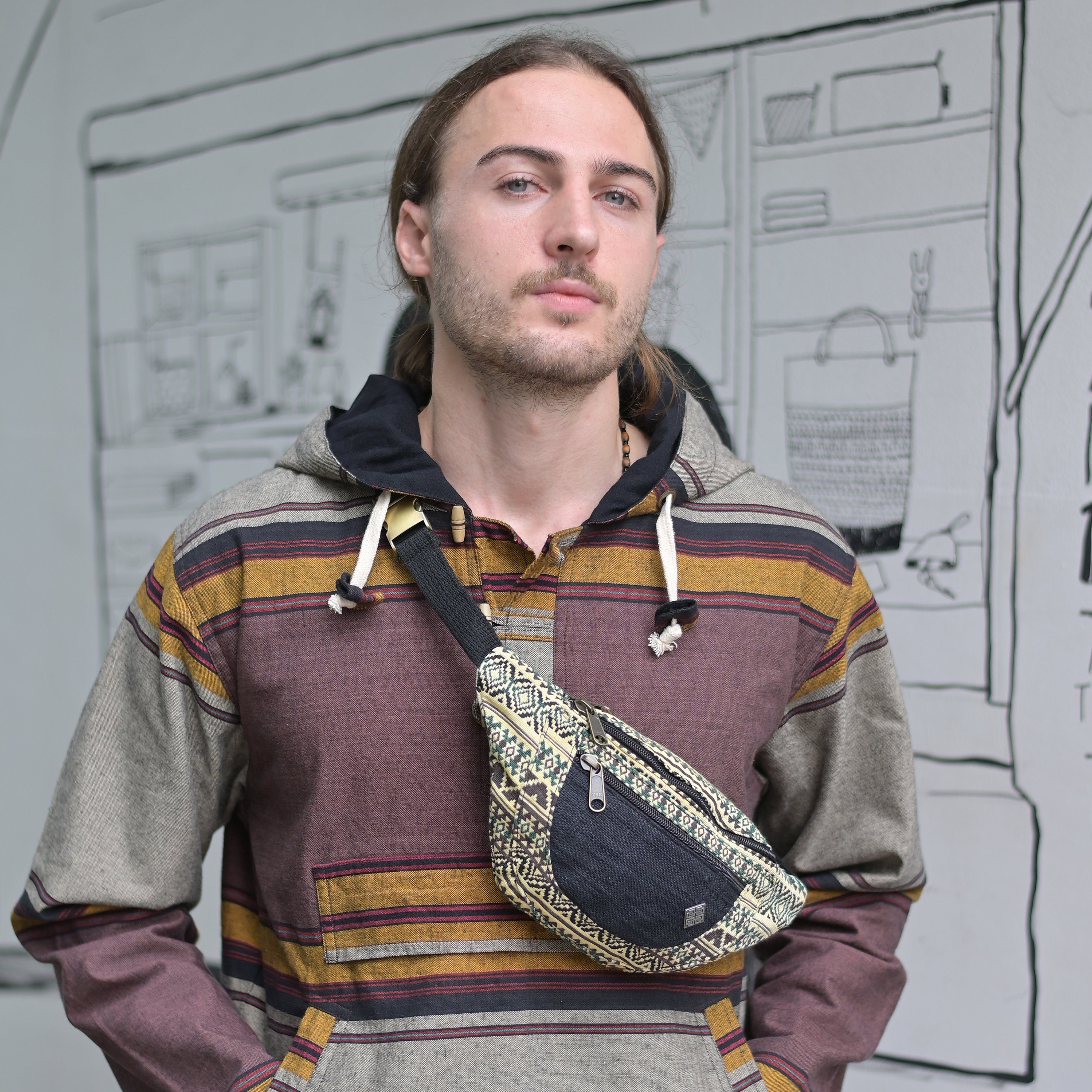 virblatt Bauchtasche bunt, Hanf, Bauchtasche Hanf Goa Hüfttasche Umhängetasche Herren, hochwertige Metallschnalle, Ethnoverzierung