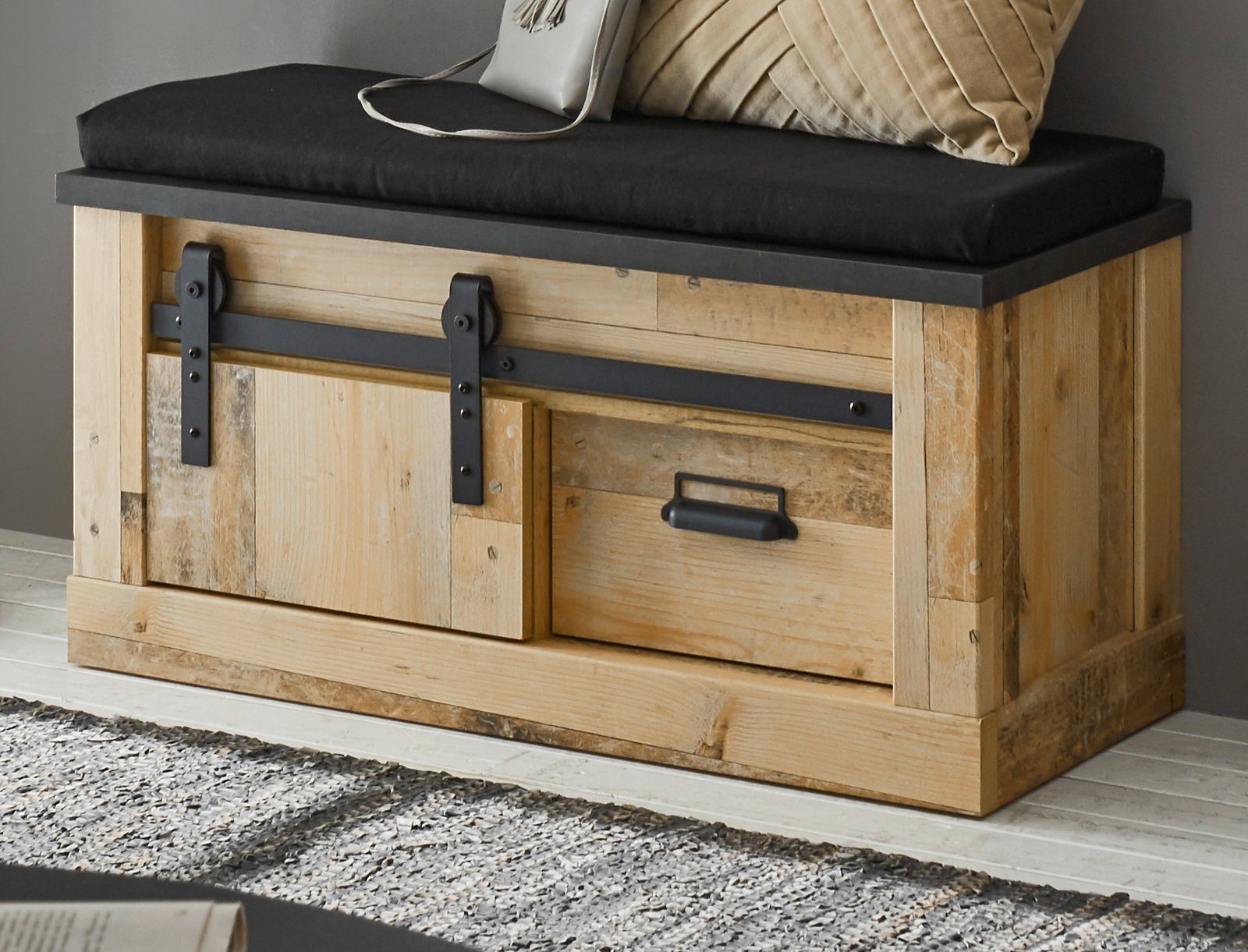 Furn.Design Schuhbank Stove (Garderobenbank in Used Wood Vintage, 93 x 46 cm), mit Schiebetür