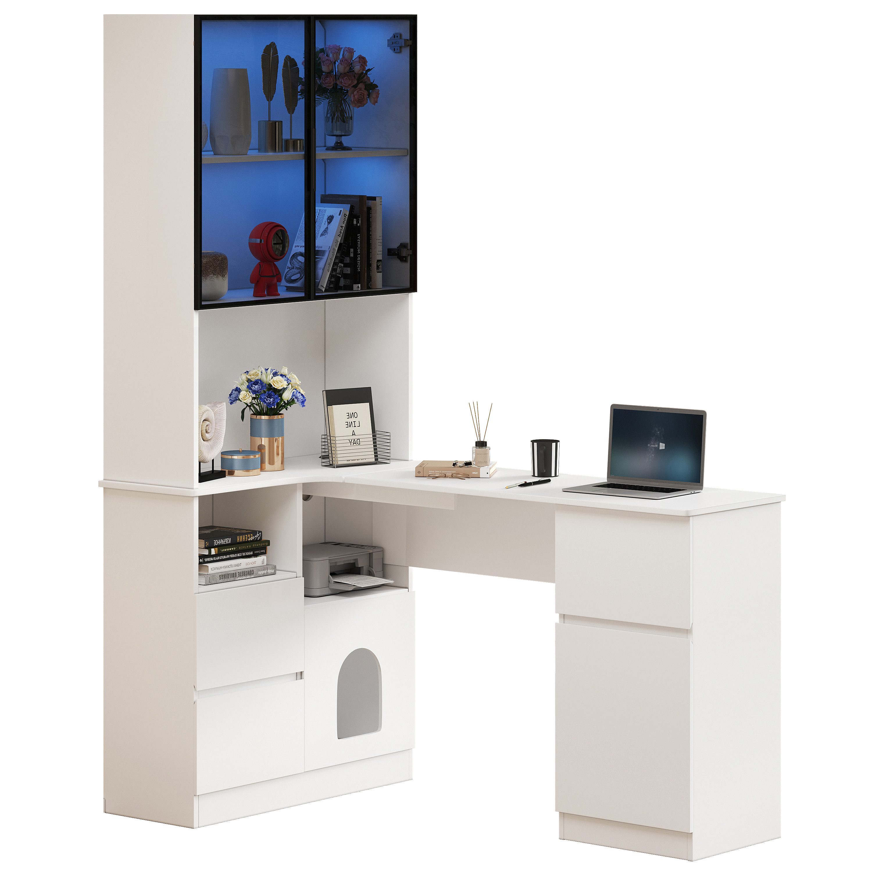 MODFU Hochschrank Eckschreibtisch mit LED-Vitrine (Ecktisch, Highboard, 1-St., 3 Schubladen, 4 Türen, offenen Fächern, Haustierfach) mit Kabeldurchlass, eingebautem Bücherregal