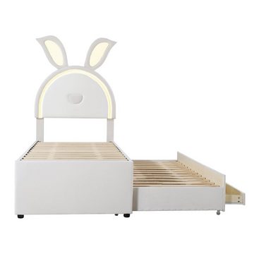 Flieks Polsterbett, LED Kinderbett 90x200cm mit Schubladen/ausziehbarem Bett 90x190cm Samt