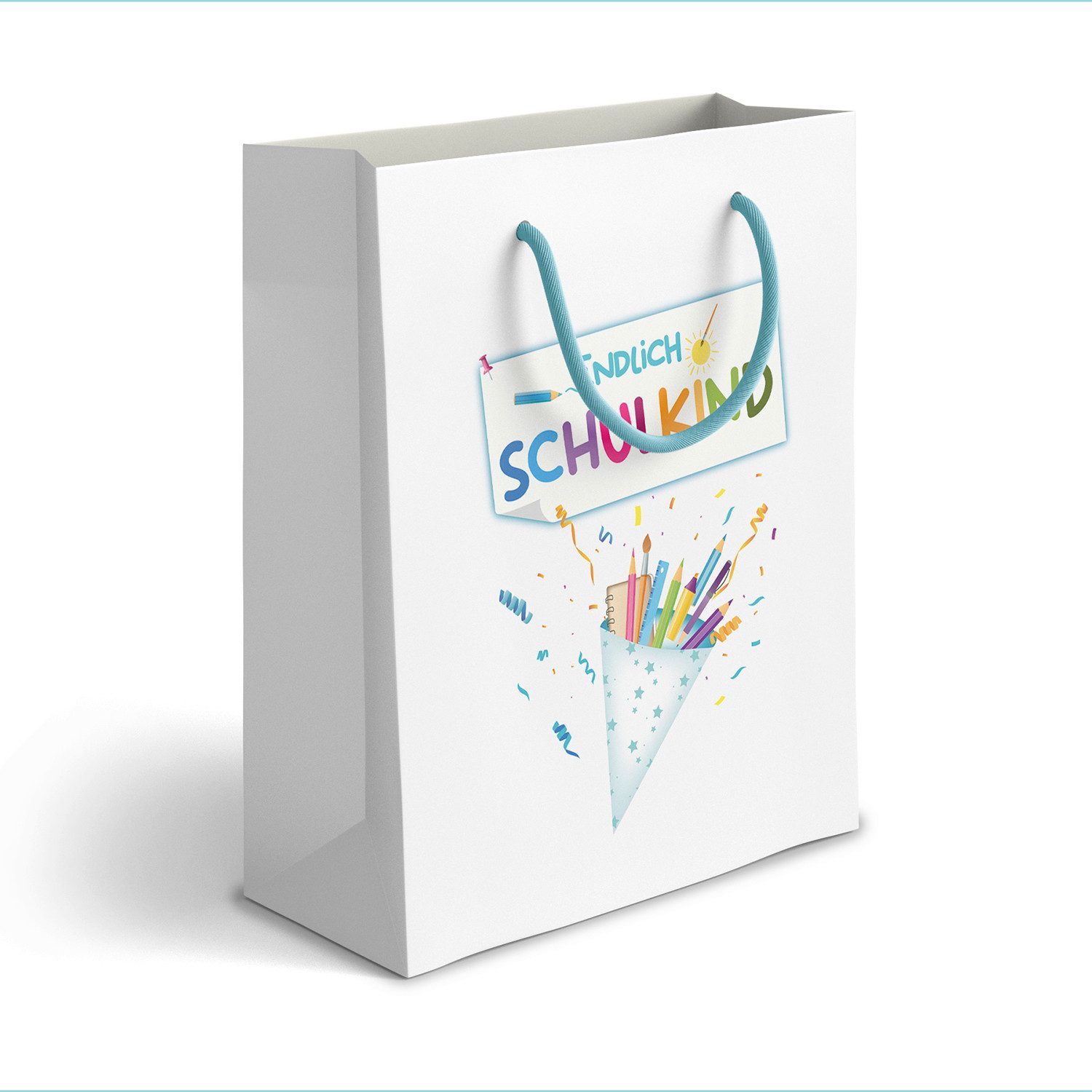 itenga Tragetasche itenga Geschenktüte mit Kordel - Endlich Schulkind WEISS - Motiv SCHUL