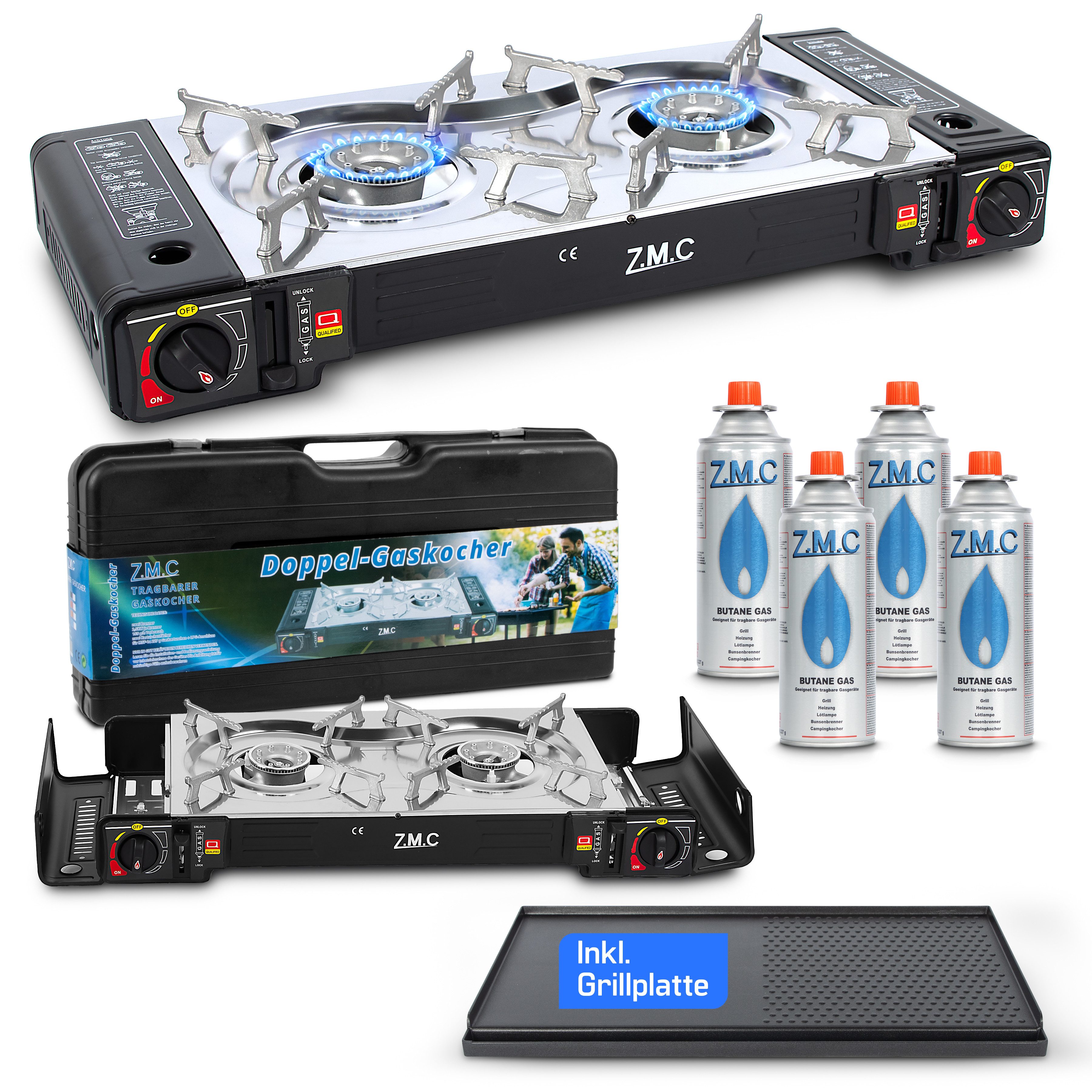 ZMC Gaskocher 2in1 Campingkocher Grillplatte mit Piezozündung + 4x Gaskartuschen, (2 Flammig Grill Platte Tischgrill Doppel Gasbrenner Gasgrill Kochfeld mit LPG Anschluß Wärmeleistung: 2,3KW, 2,3KW), Butan Gas 227g Gaskocher Outdoor Camping Gas Kocher Herd Butangas