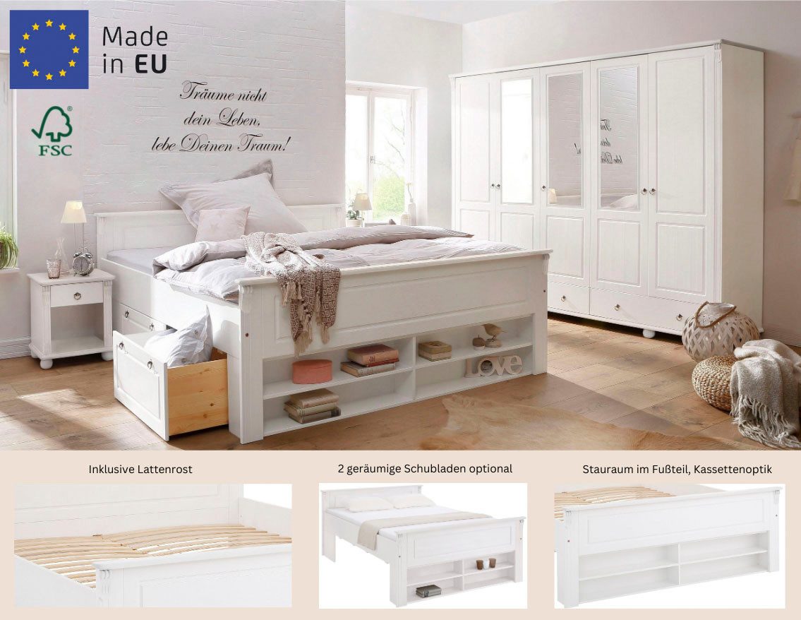 OTTO home Massivholzbett Tessin, Stauraumbett, Landhausstil, Schubladen optional, rustikal (Breite/Belastbarkeit 180cm/220 KG, 140cm/180 KG), zertifizierte Kiefer, Kassetten-Optik, stabile Qualität