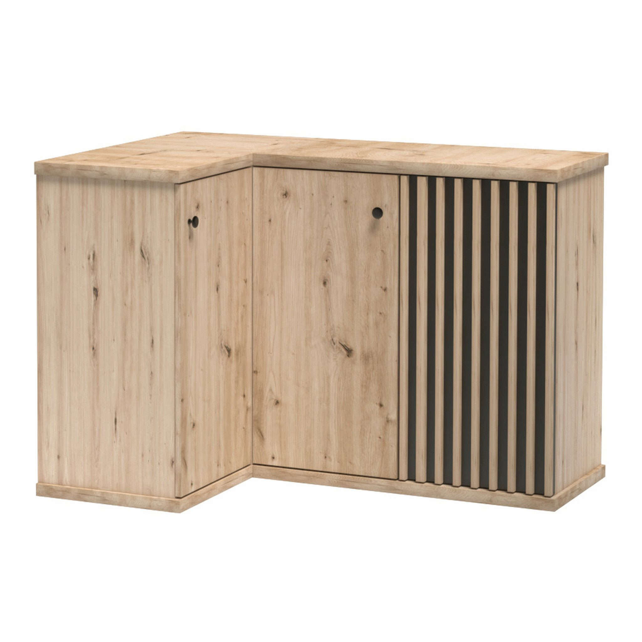 Beautysofa Eckkommode CAYA C‑12, 3 Türen, 2 Innenböden, Artisan Eiche/Schwarz, Soft-Close, optional Metallfüße, Stauraumlösung
