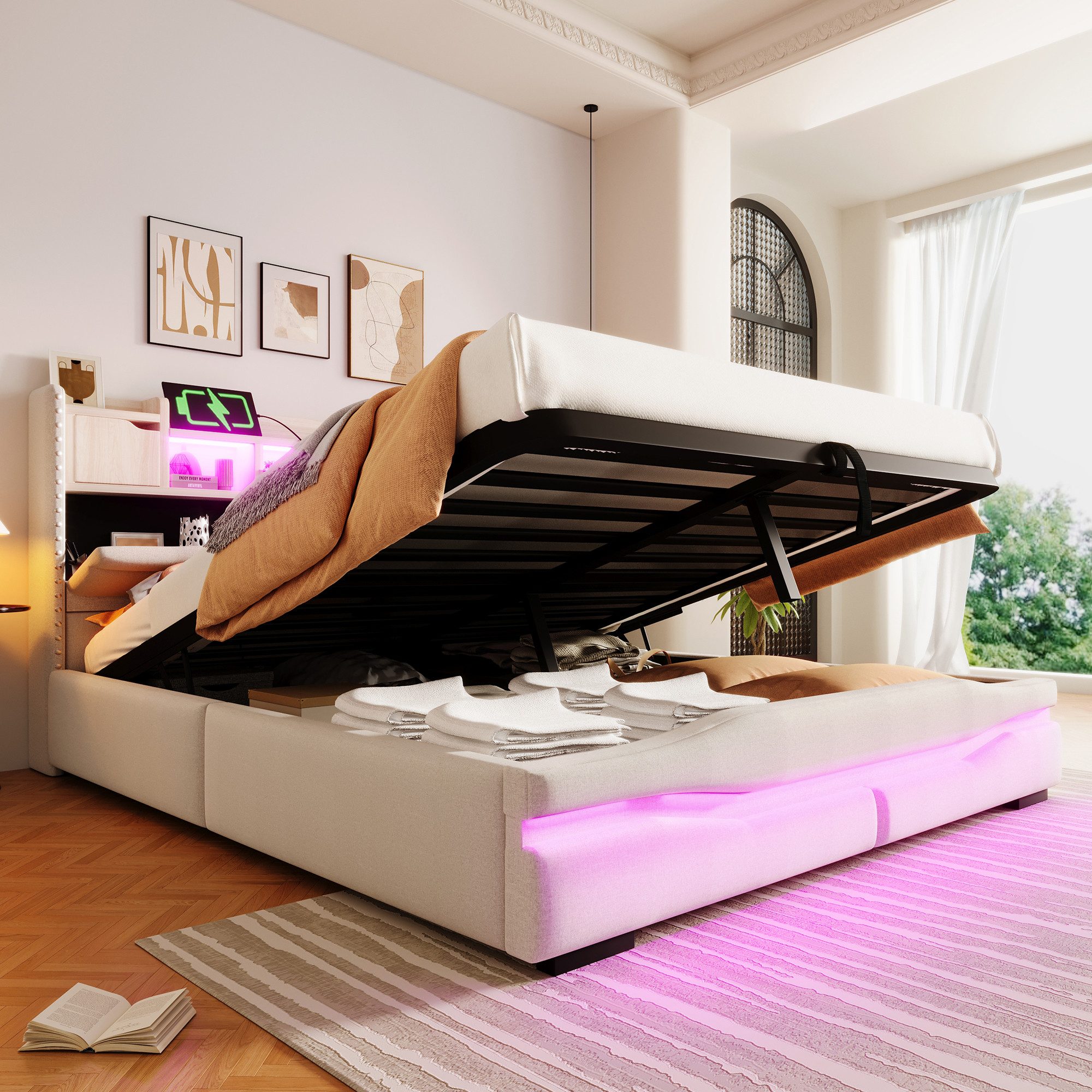 muvano Bett Polsterbett 160x200 Stauraumbett Beige mit LED USB Hydraulikbett