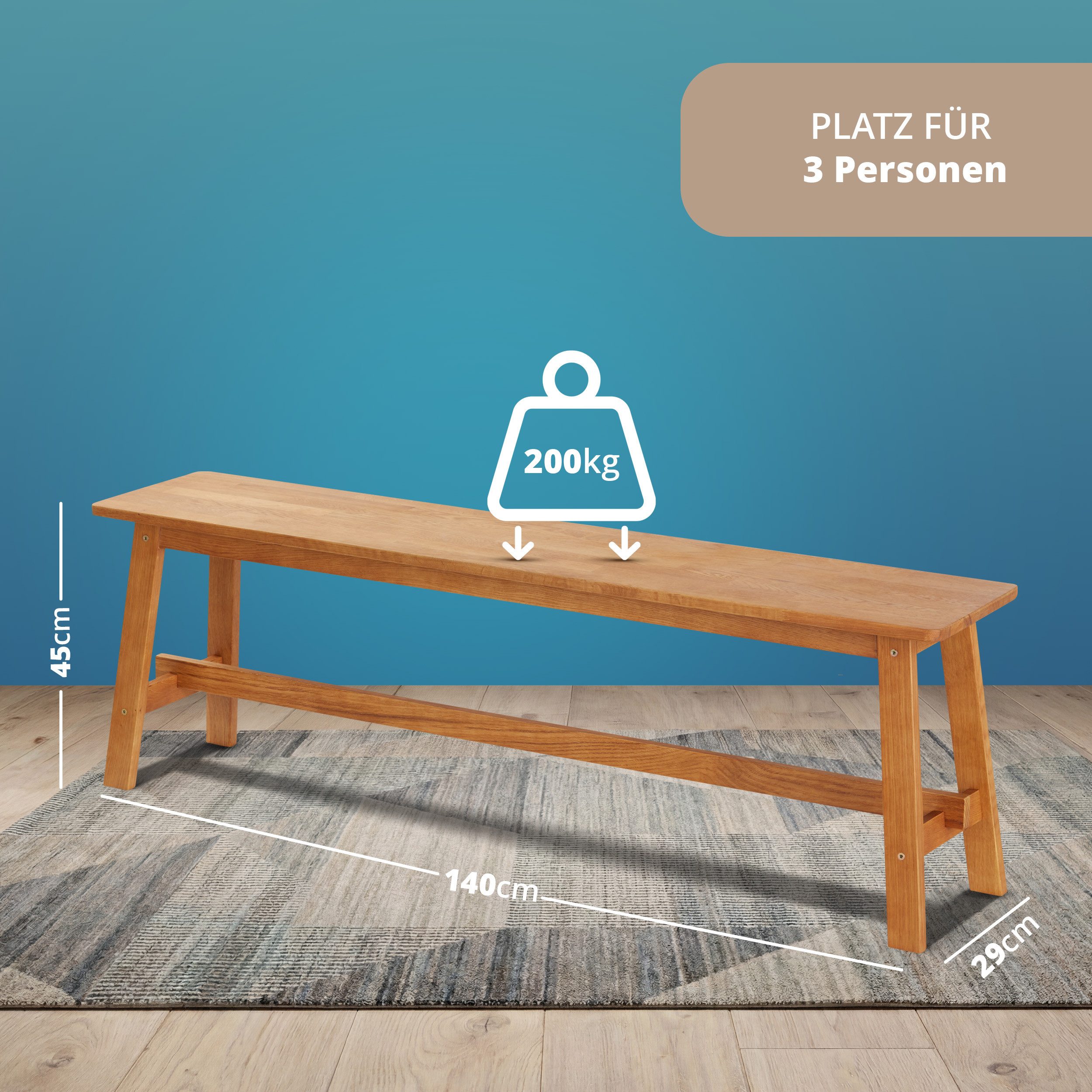 KHG Sitzbank Dekobank für 2-3 Personen, Skandi Look, bis 200 kg belastbar, geölt, atmungsaktiv, Massivholzgestell