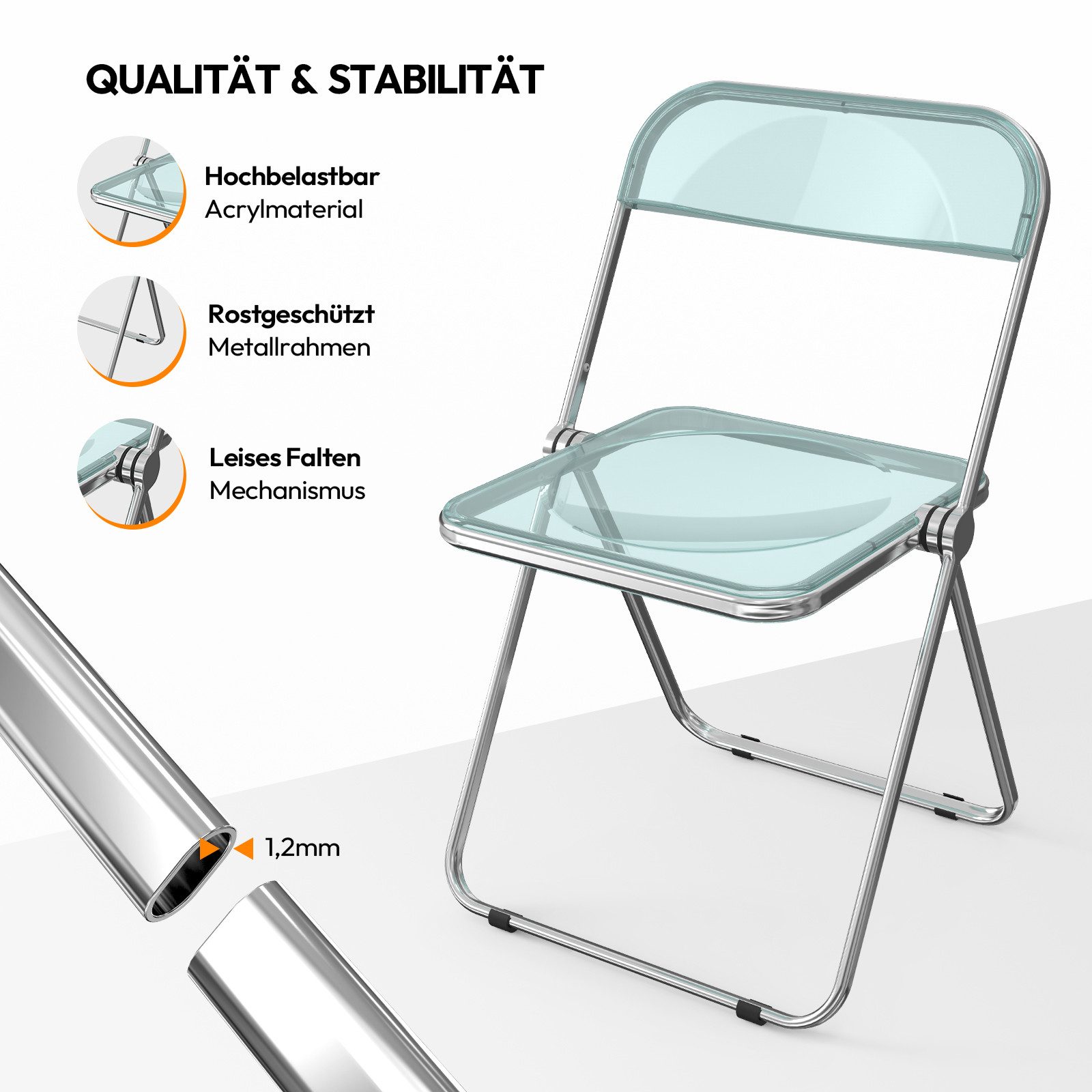 VINGLI Klappstuhl 2er/4er/6er/8er/10/12er Set, Klappstühle aus Metall & Kunststoff (2 St), für Innen- & Außenbereich, bis 159KG, Schwarz/Weiß/Transparent – Bild 3 von 5