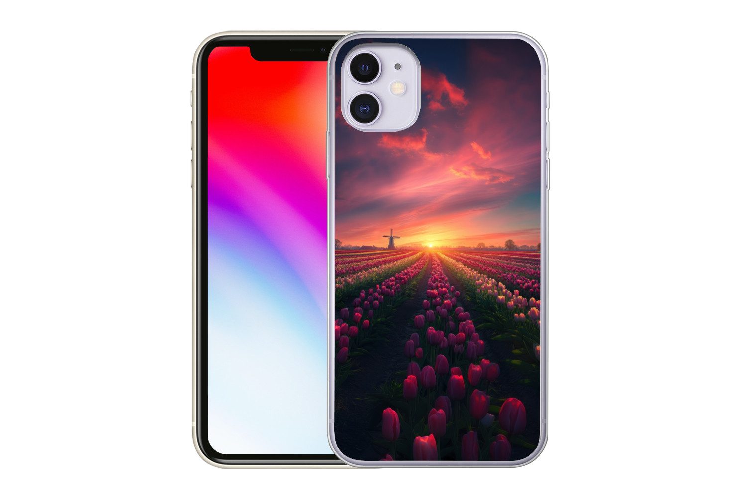 MuchoWow Handyhülle für Apple iPhone 11 Windmühle - Sonnenuntergang - Landschaft, Smartphone-Bumper, Print, Handy Schutzhülle Dünn