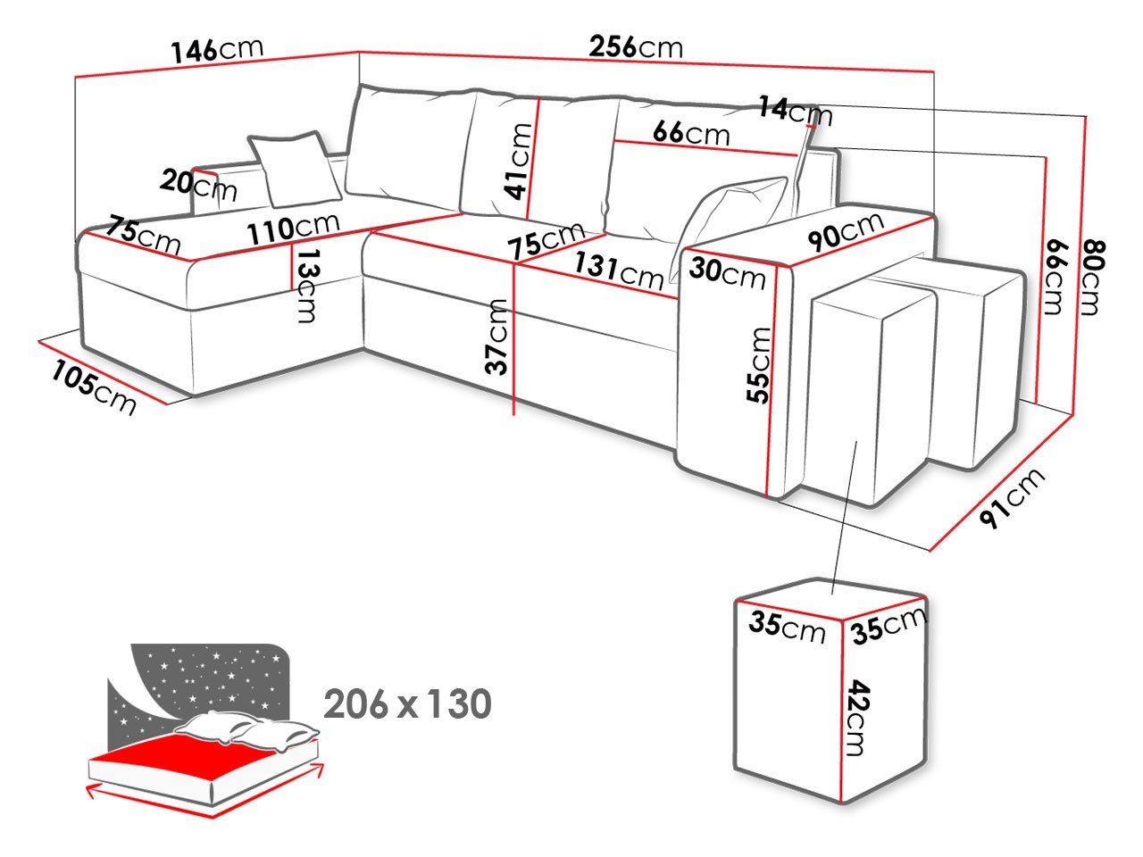 mit Schlaffunktion Bettkasten, Ecksofa Kansas Couch 2 L-Form Polsterhocker, und Wohnzimmer für Polsterecke, MIRJAN24 Lux,