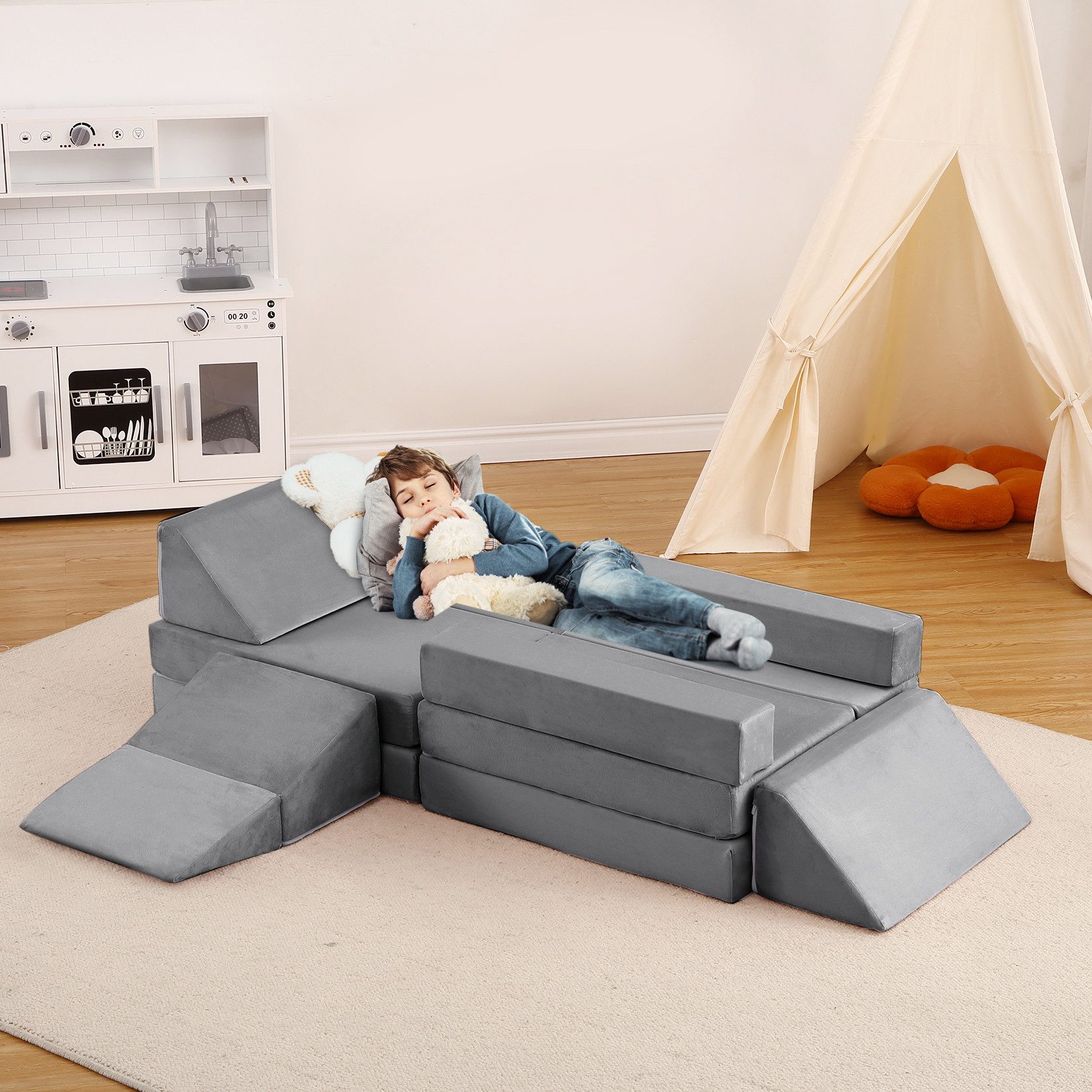 GarveeMore Kindersofa Plüsch-Samt, abnehmbarer Bezug, waschbar, Set 12 Teile, für Spielzimmer, Kinderzimmer, grau