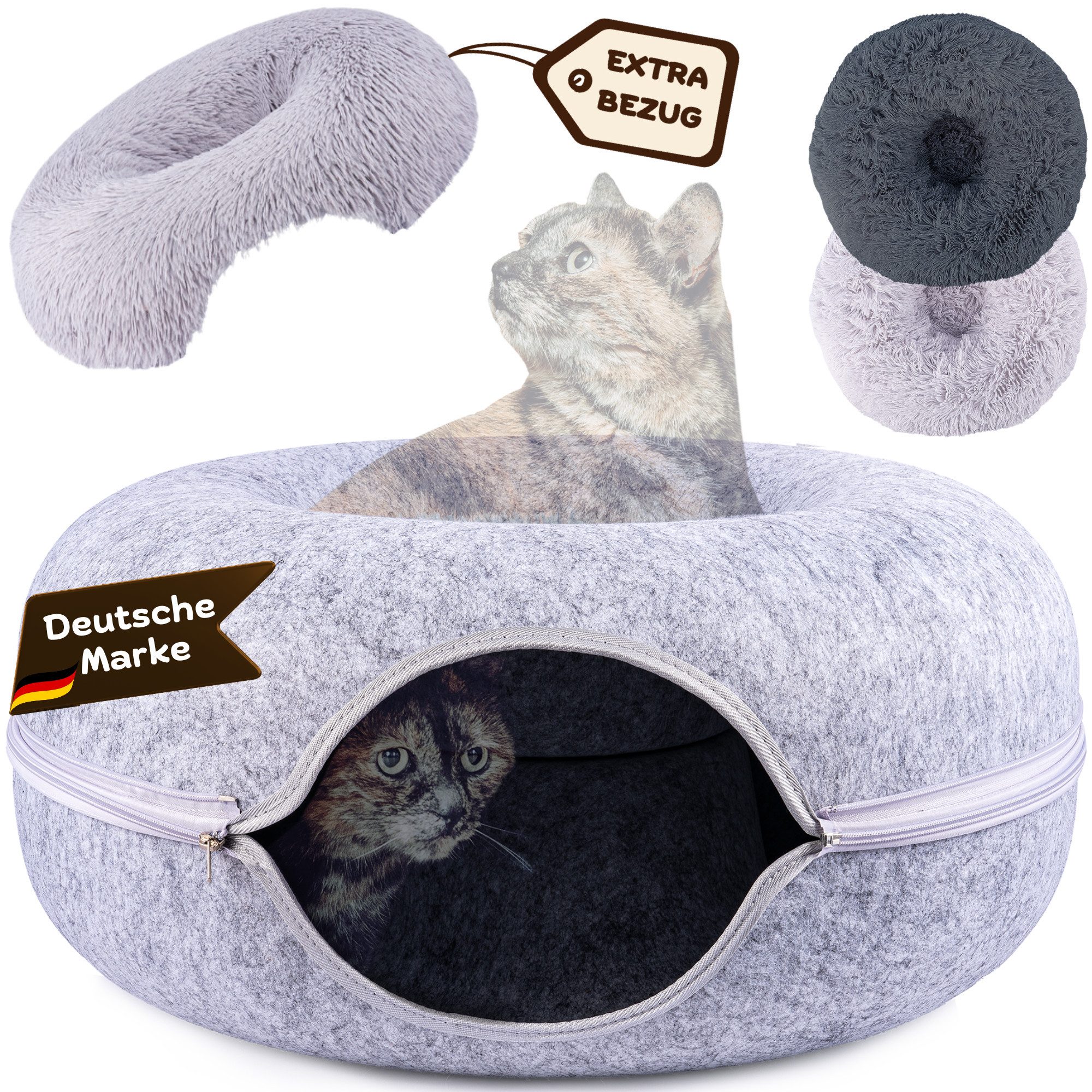 Samtkönig Tierbett Katzendonut Dunkelgrau, Katzenbett flauschig, Katzen Donut Tunnel, Katzentunnel Filz, mit waschbarem Kissen Bezug, Katzenschlafplatz 60x60x30cm