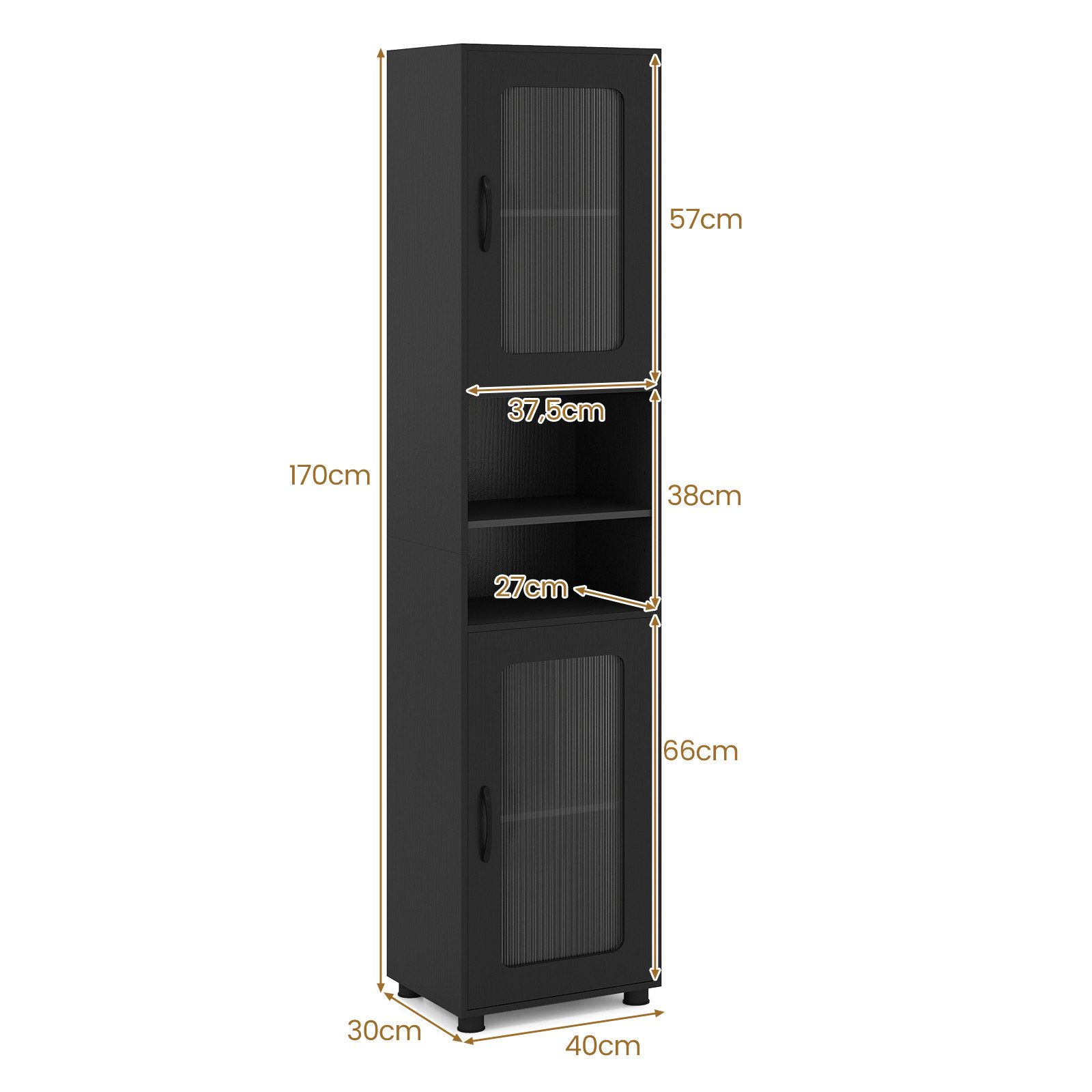 COSTWAY Badkommode, Hochschrank Badezimmer mit 2 Glastüren 170cm weiß