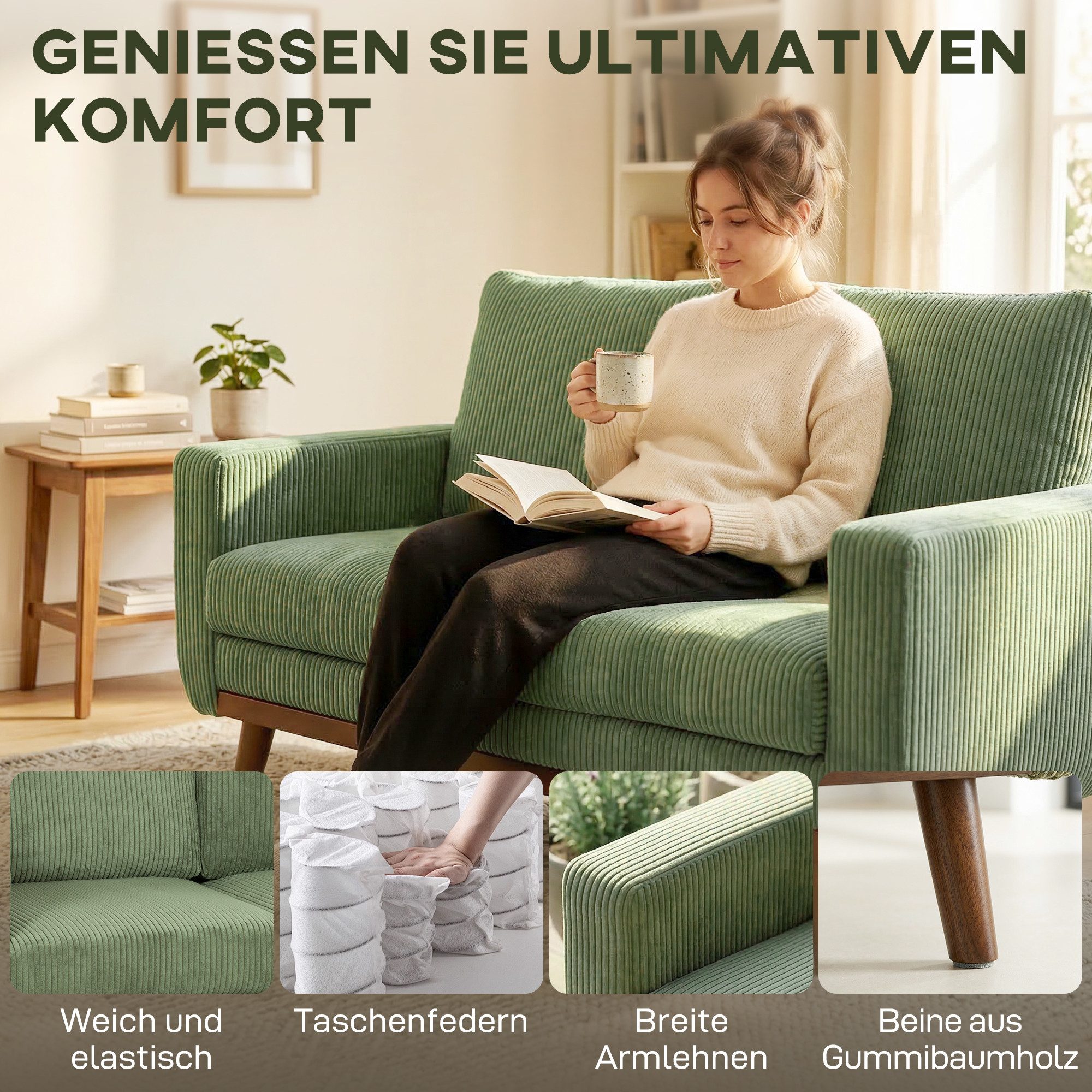 HOMCOM 2-Sitzer Sofa 134 cm Couch mit dicker Rückenlehne, Armlehne, bequem, Grün, 2-Sitzer Sofa 1 Teile, Kompaktes Retro Cordsofa mit Holzlatten und Taschenfede – Bild 4 von 5