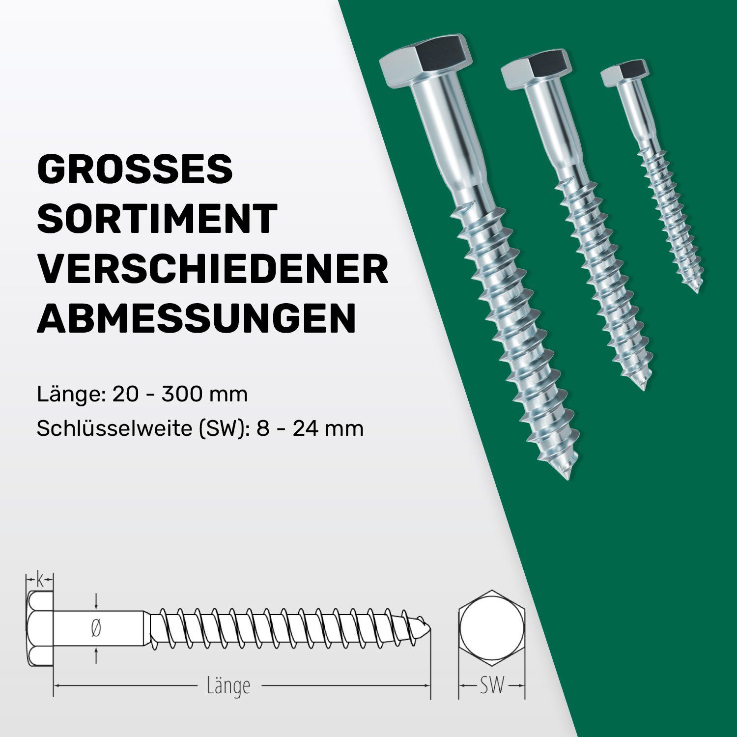 Sechskant-Holzschraube DIN 571 – Verzinkt, für Holzbau & Möbelmontage, Hohe Zugfestigkeit, (200 St), für Holzbau & Möbelmontage – Bild 3 von 5