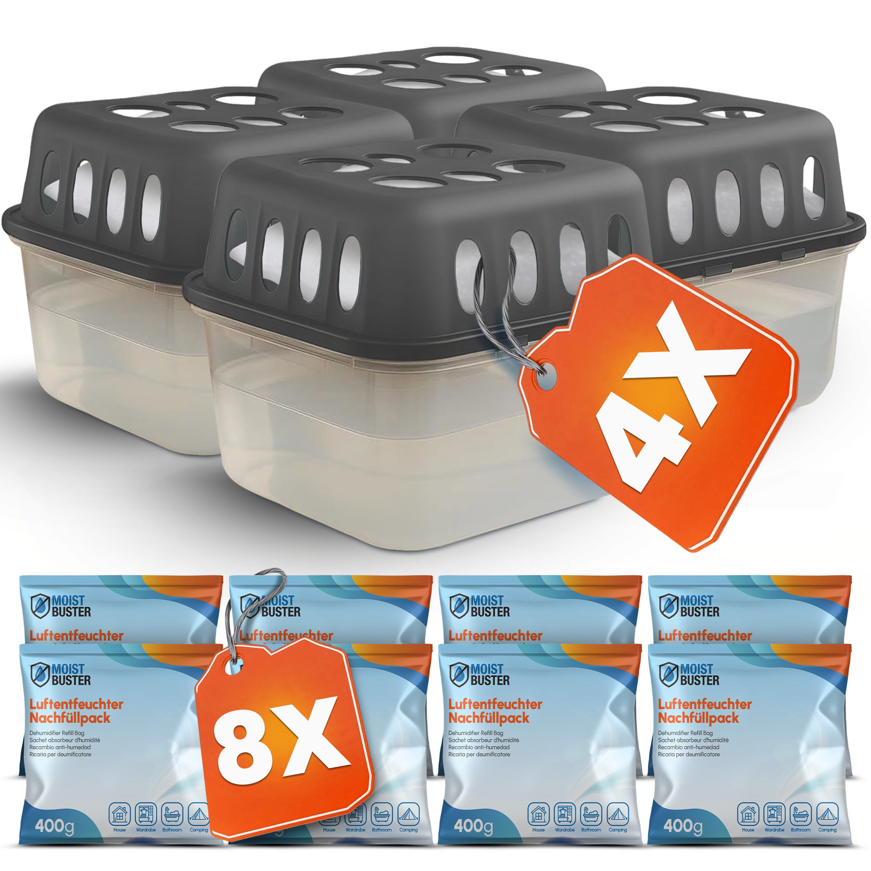 MoistBuster Luftentfeuchter ohne Strom, für 88 m³ Räume, Tank 0,6 l, 4x Entfeuchter und 8x Luftentfeuchter Nachfüllpack