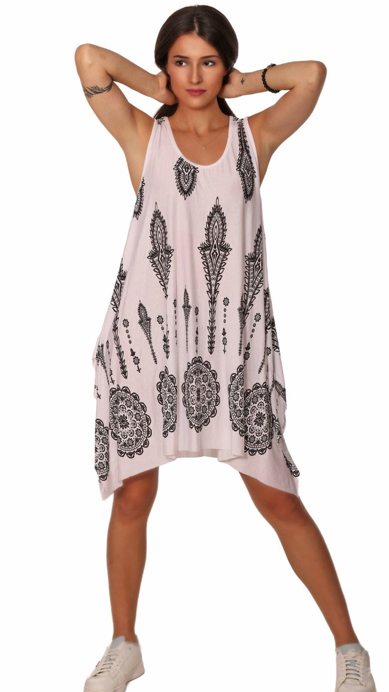 Charis Moda Ornamentic Sommerkleid knielang Indian Weiss Print Trägerkleid