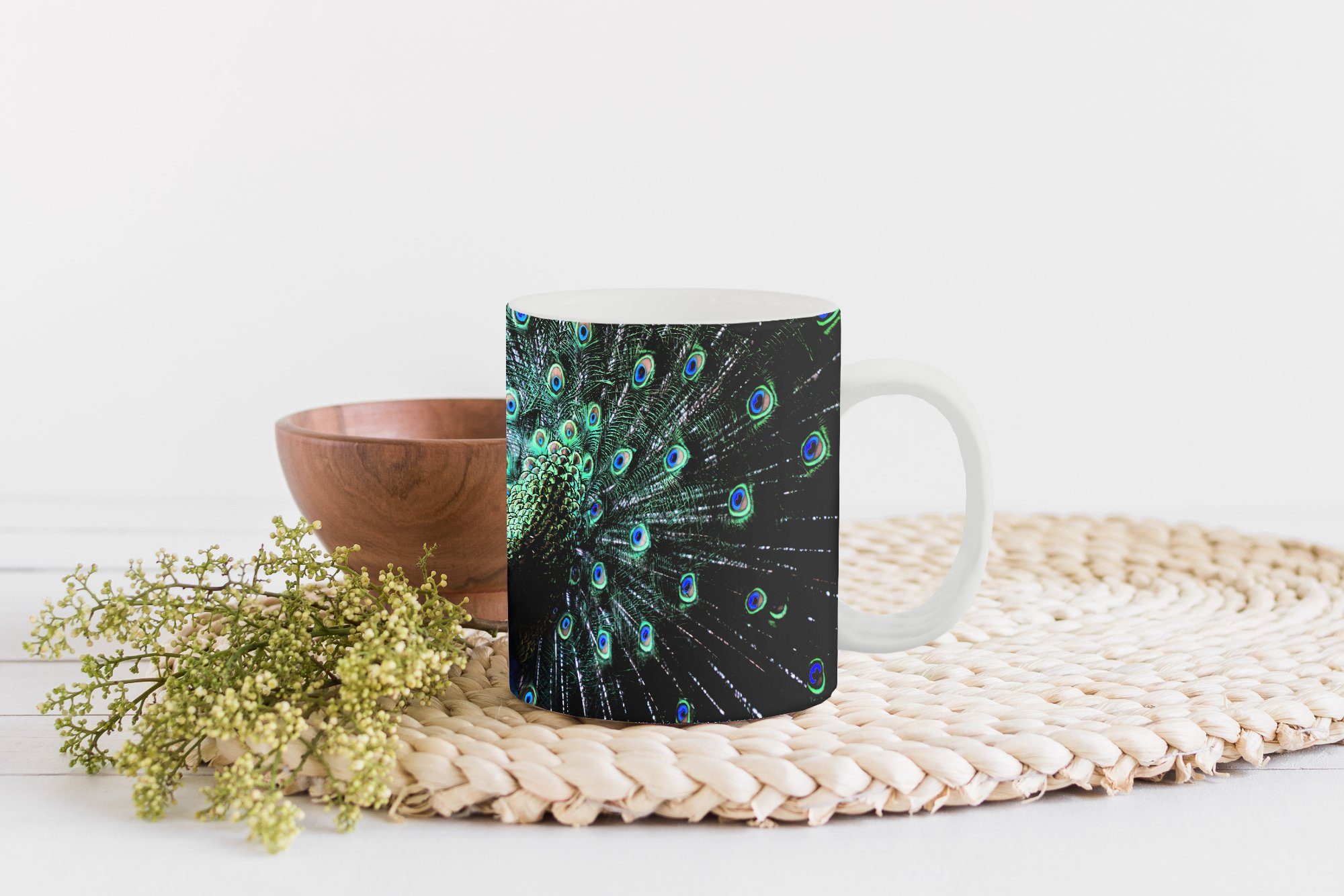 Kaffeetassen, Keramik, Geschenk Tasse Farben, Teetasse, Pfau Teetasse, - Federn MuchoWow Becher, -