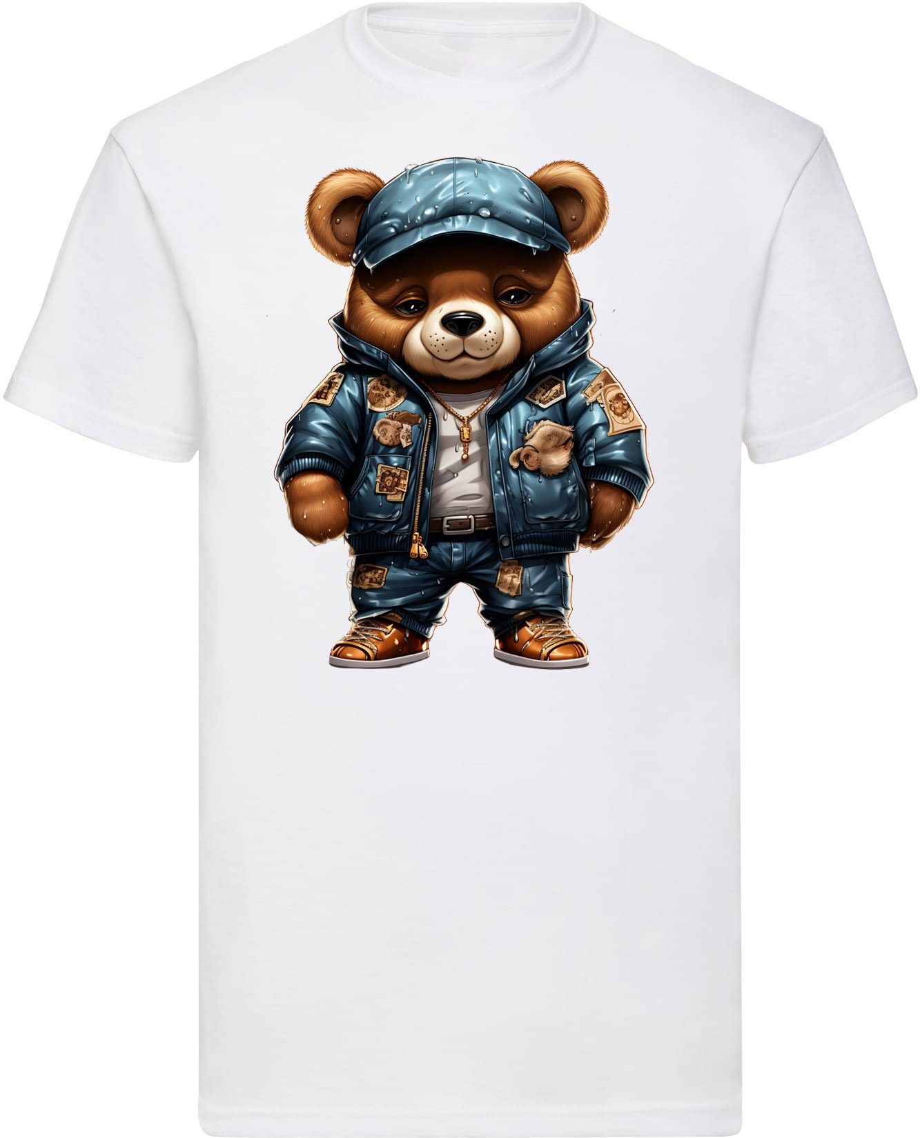 Banco T-Shirt Gangster Bär mit blauer Jacke und Kappe aus 100% Baumwolle Weiß