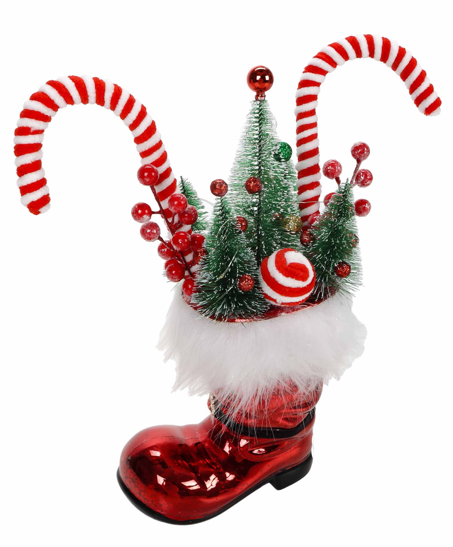 Mica Decorations Weihnachtsfigur Weihnachtsbeleuchtung Nikolausstiefel (1 St., Stiefel mit 5 Weihnachtsbäumen, roten Beeren & 2 Plüsch-Lutschstangen), LED Weihnachtsstiefel